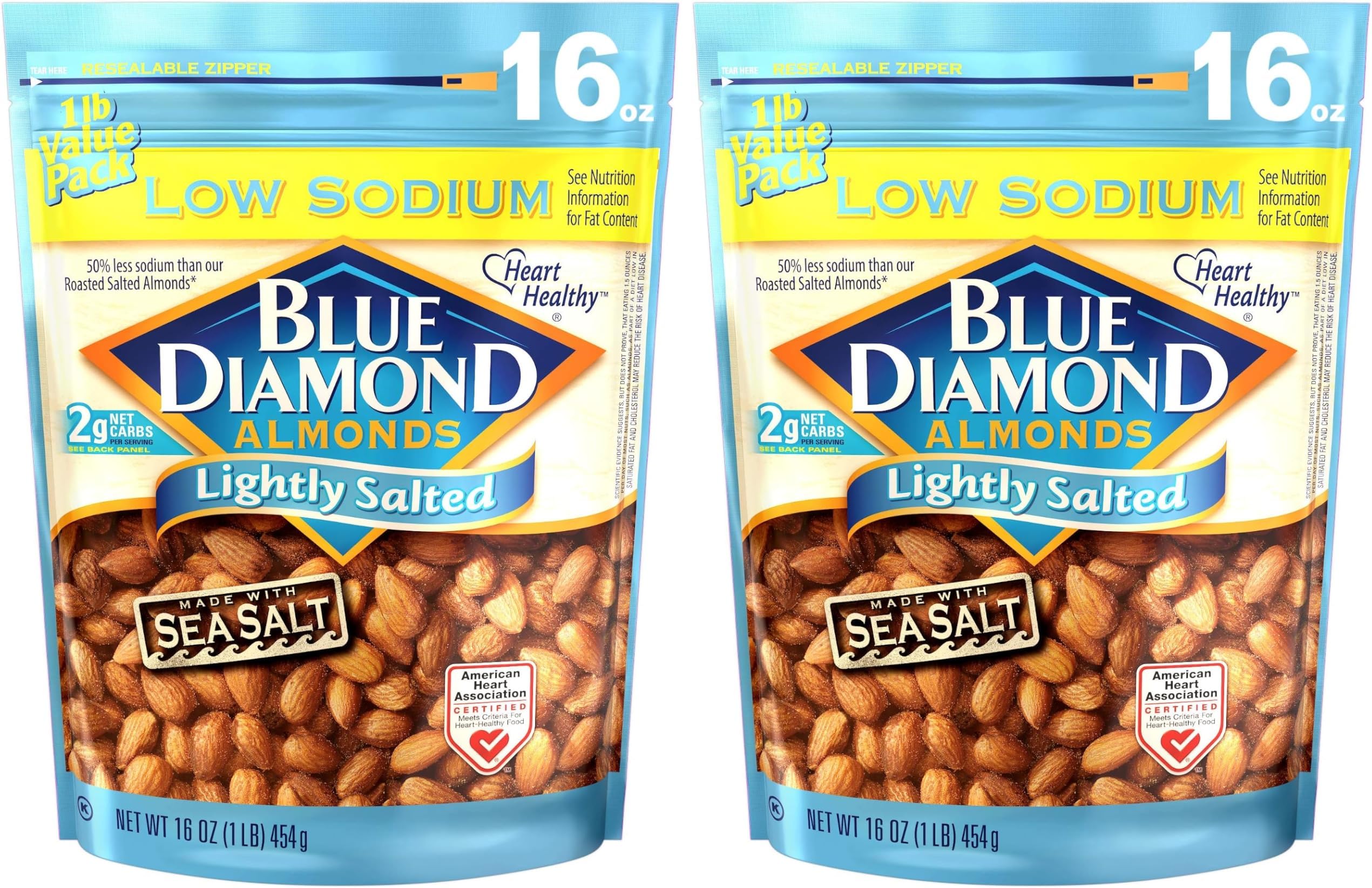 Blue Diamond Almonds Low Sodium Lightly Salted Snack Nuts, 16 Oz Resealable Bag (Pack of 2)