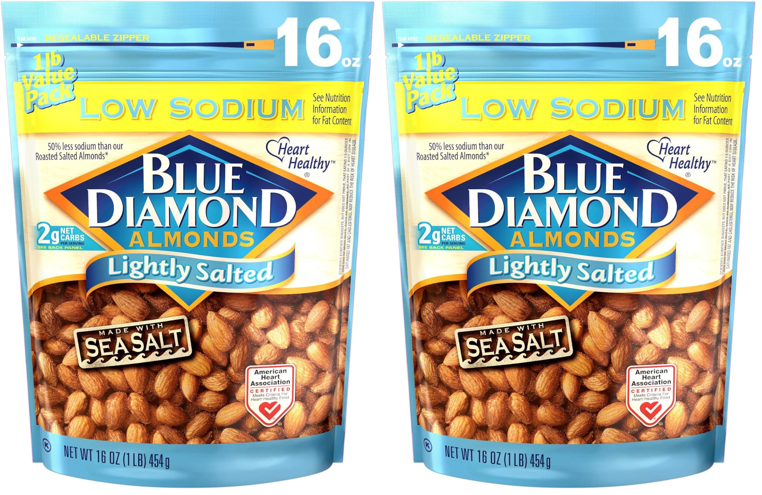 Blue Diamond Almonds Low Sodium Lightly Salted Snack Nuts, 16 Oz Resealable Bag (Pack of 2)