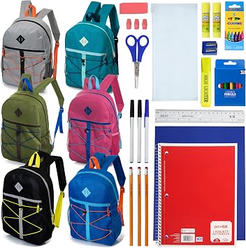 12 Pack 17" Bungee Cord Backpacks With 34 Pc School Supplies Kit, 6 Colors