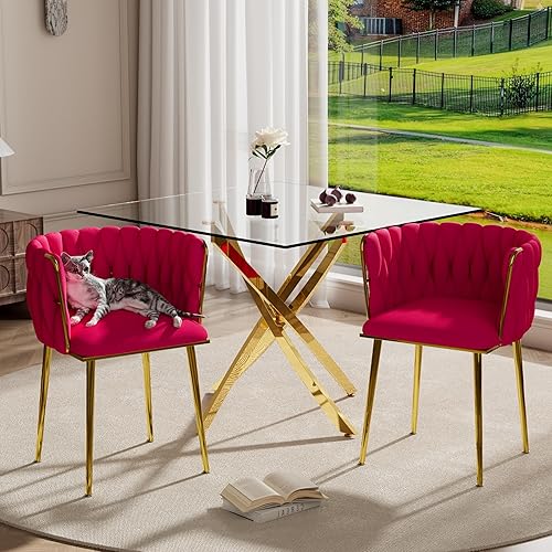 Miniatura 38 de Juego de mesa de comedor de cristal dorado de lujo para 4, juego de comedor cuadrado de 5 piezas con parte superior de vidrio transparente, juego de