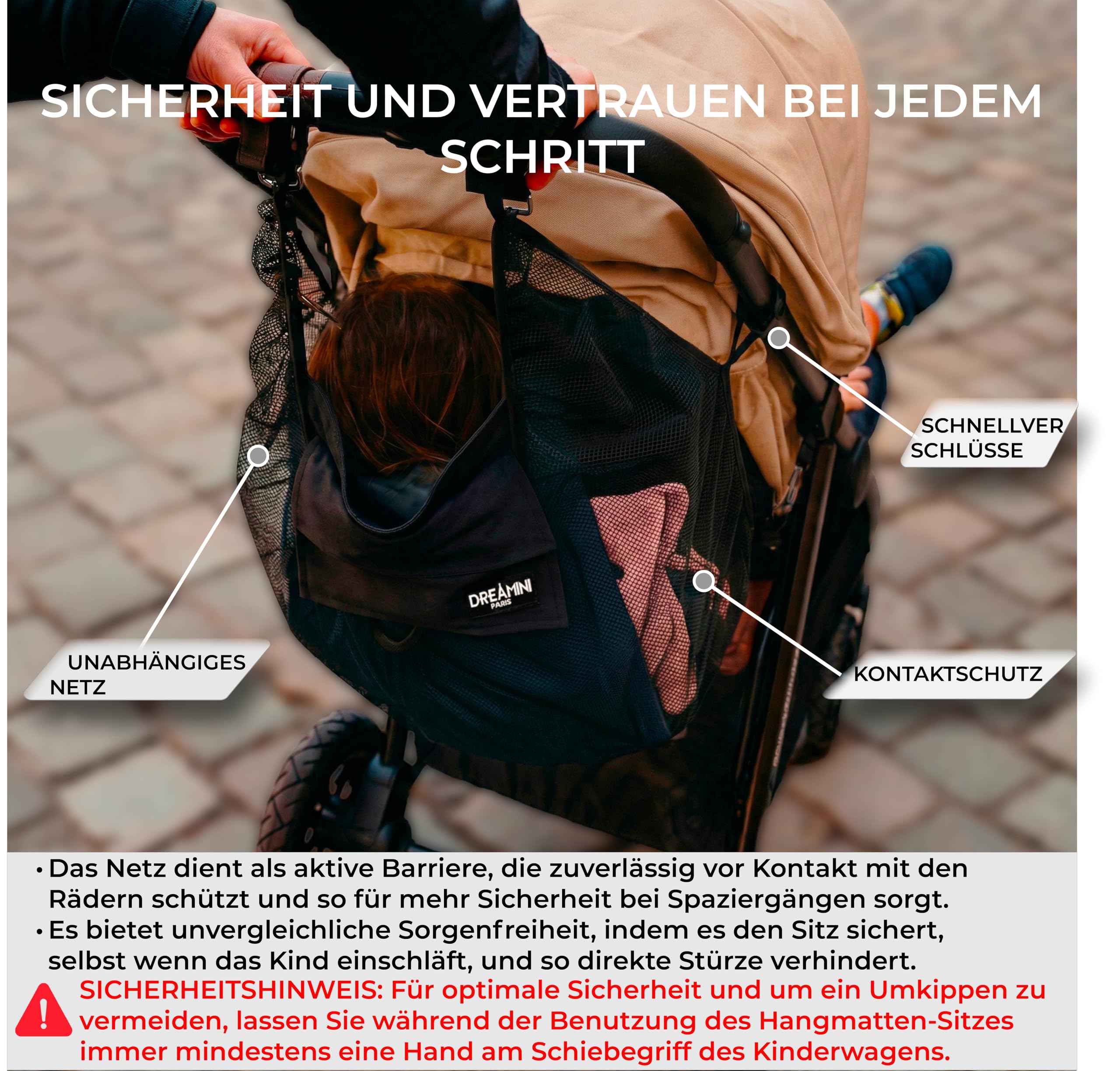 Dreamini Kinderwagen-Hängematte mit Sicherheitsnetz – Zubehör für Kinder (2-5 Jahre) – Universelle Buggy-Erweiterung bis 15kg – Die bequeme Buggy Board Alternative