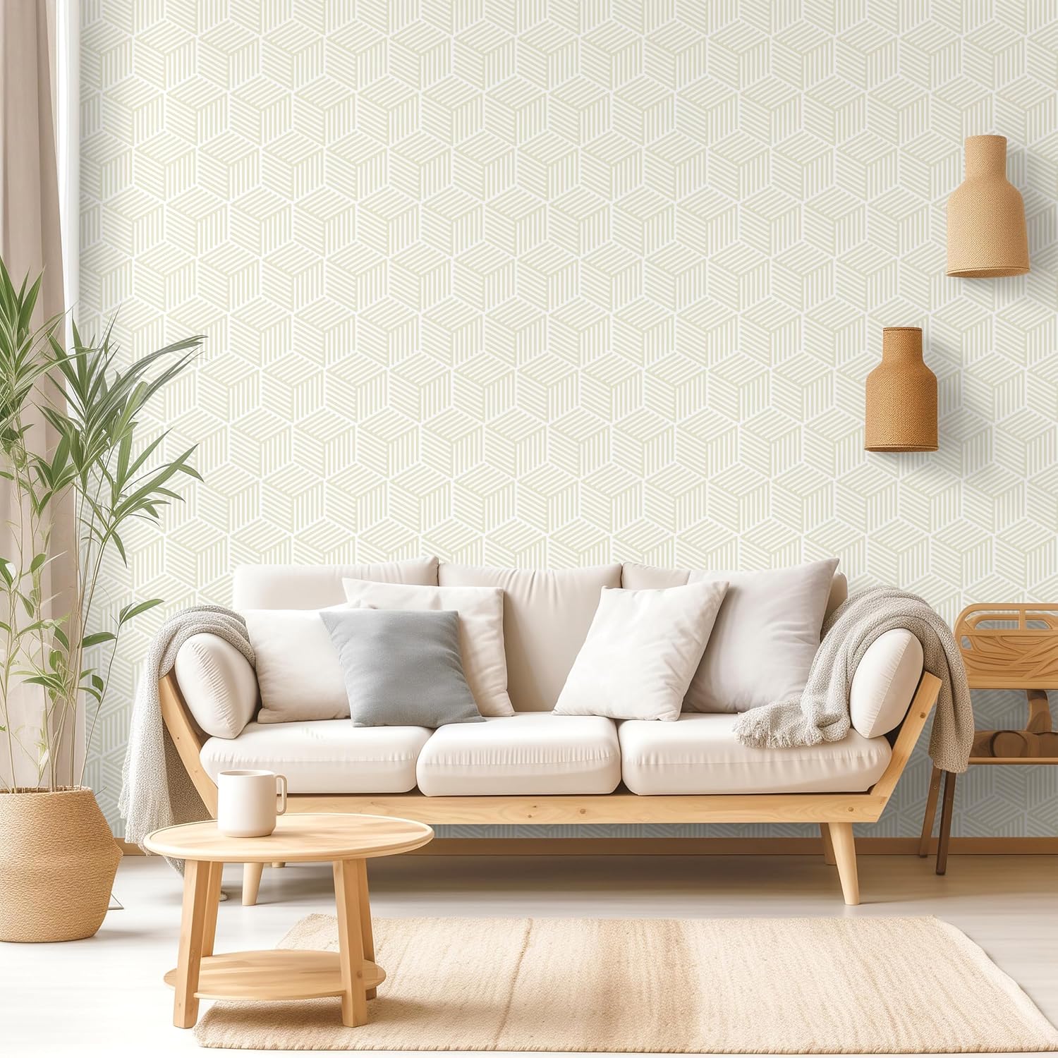 Rugreat Modern Wallpaper Peel and Stick Geometric Contact Paper Boho for Cabinets Striped Contact Paper Beige and White Removable Self Adhesive Wallpaper for Bathroom Waterproof Hexagon 17.3''×393''
