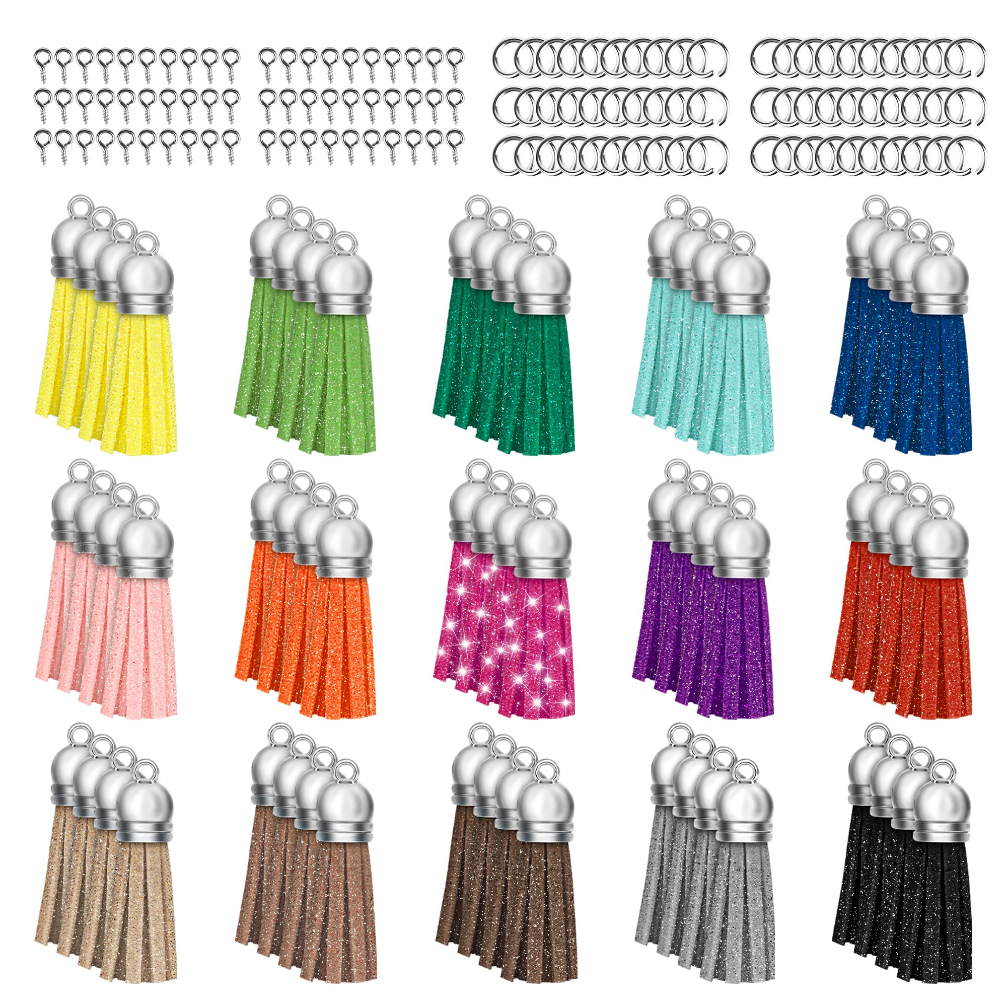 Glitter Tassels Keychain Key Chain - 180pcs Glitter Keychain Tassels Bulk Including 60pcs Key Chain Tassles, 60pcs Jump Rings, 60pcs Screw Eye Pins Hooks, Glitter Tassels for Jewelry Making Crafts