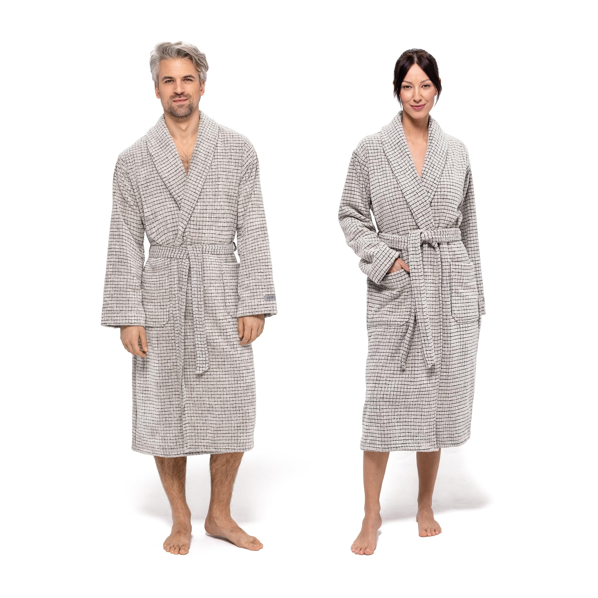Möve Eden shawl collar robe in S. S, 80% cotton / 20% linen, nature/black
