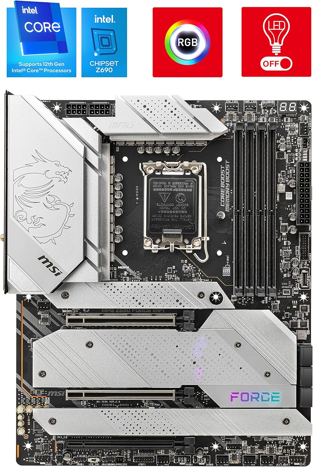 MSI MPG Z690 FORCE WIFI Scheda Madre Gaming ATX - Compatibile con Intel Core 12th Gen, LGA 1700 - Direct 18 Phase VRM 75A, DDR5 Memory Boost 6666+MHz/OC, 2 x PCIe 5.0 x16, 4 x M.2 Gen4, Wi-Fi 6E MSI MPG Z690 FORCE WIFI Scheda Madre Gaming ATX - Compatibile con Intel Core 12th Gen, LGA 1700 - Direct 18 Phase VRM 75A, DDR5 Memory Boost 6666+MHz/OC, 2 x PCIe 5.0 x16, 4 x M.2 Gen4, Wi-Fi 6E