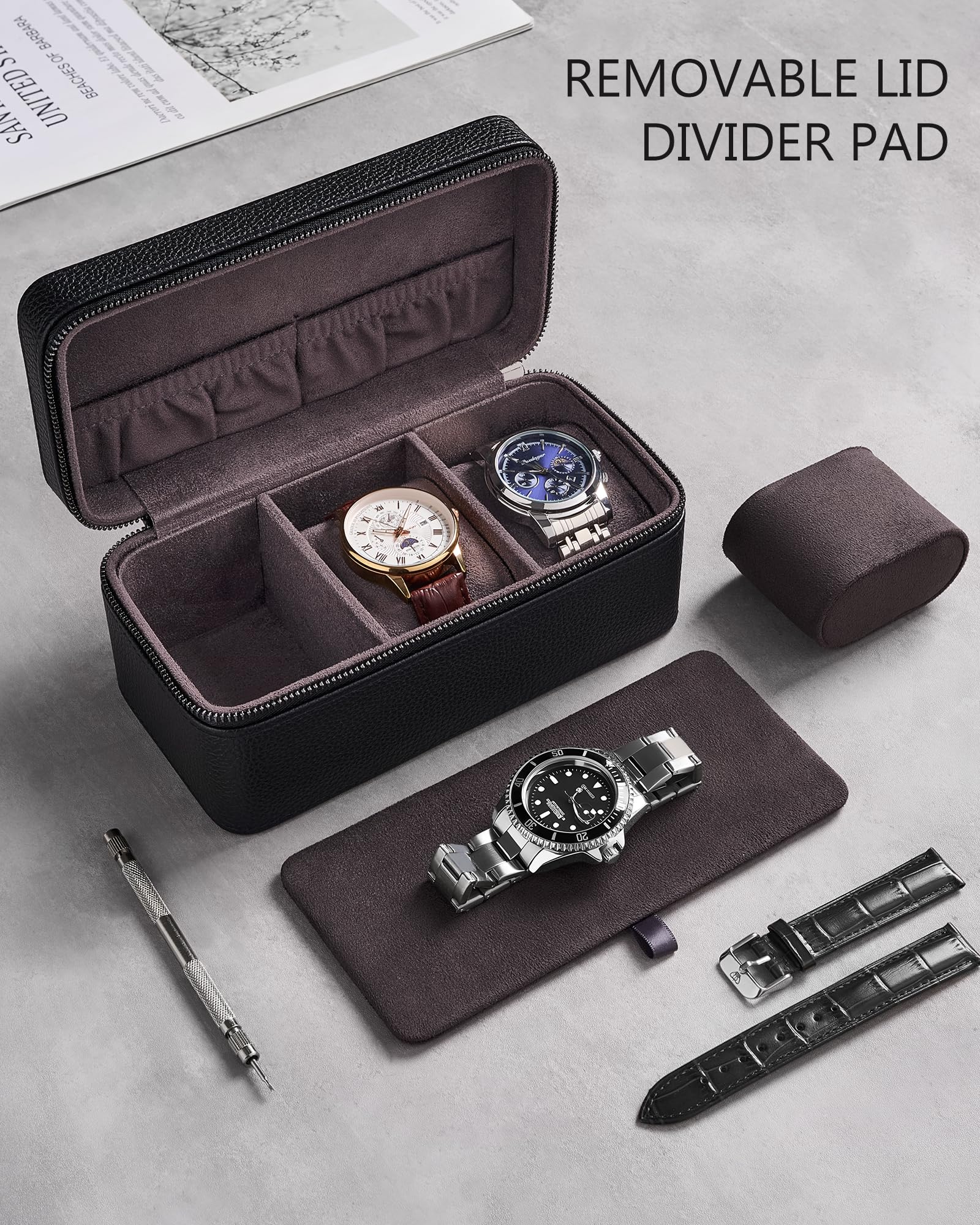 ProCase Scatola Porta Orologi Uomo 3 Posti, porta Orologi da Viaggio in pelle PU, Custodia da Viaggio per Orologi e Anelli, Ideale per Regalo -Nero
