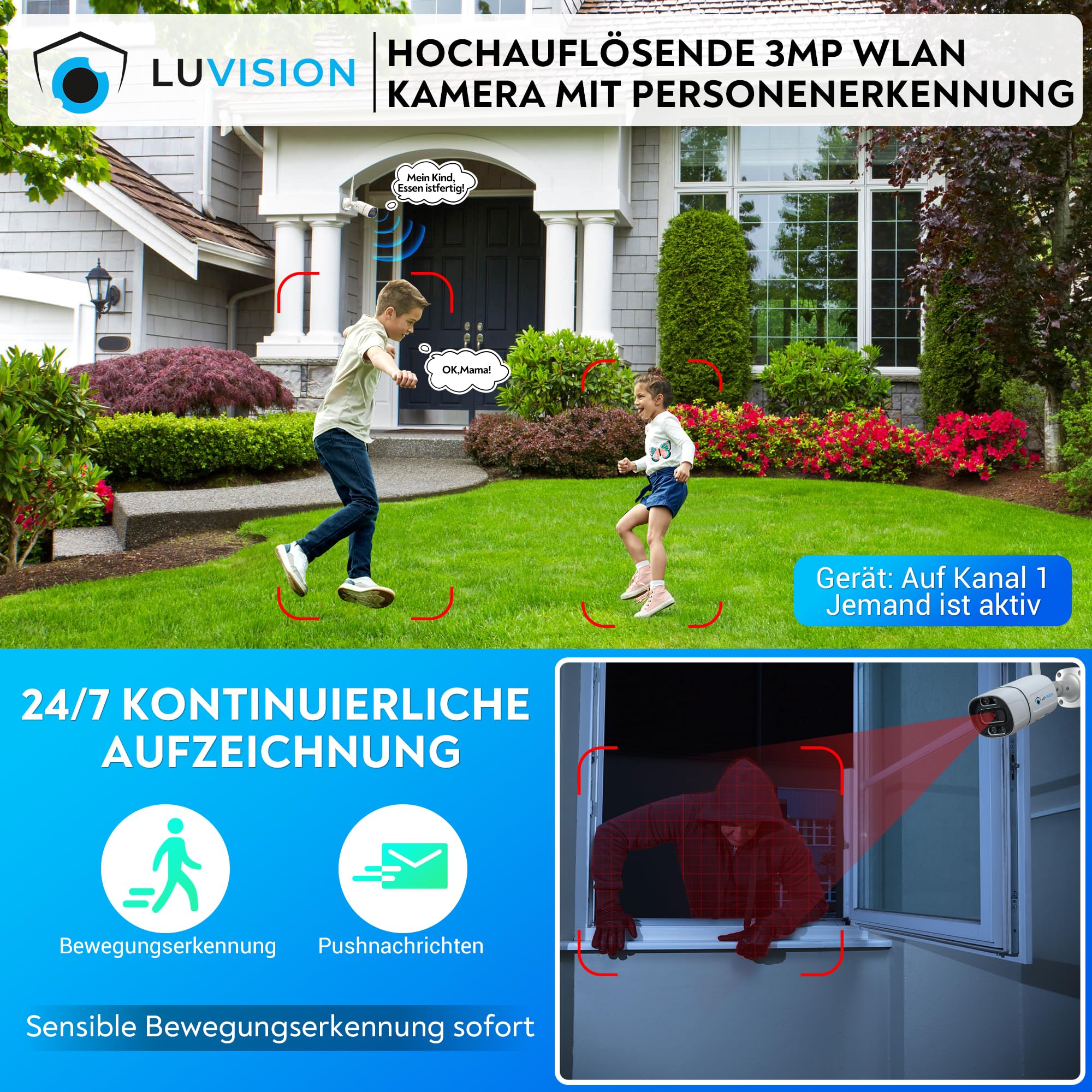【3MP+Mikrofon+PC Software】 Dual WLAN Funk Überwachungssystem mit Monitor, Überwachungskamera Set Nachtsicht in Farbe, KI Personenerkennung, 2-Wege Audio, 10 Kanal NVR, 4 WiFi Kameras für Aussen