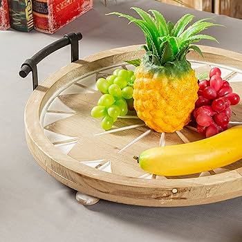 Amazon｜丸い木製トレイ、ハンドル付き脚付きトレイ、コーヒー