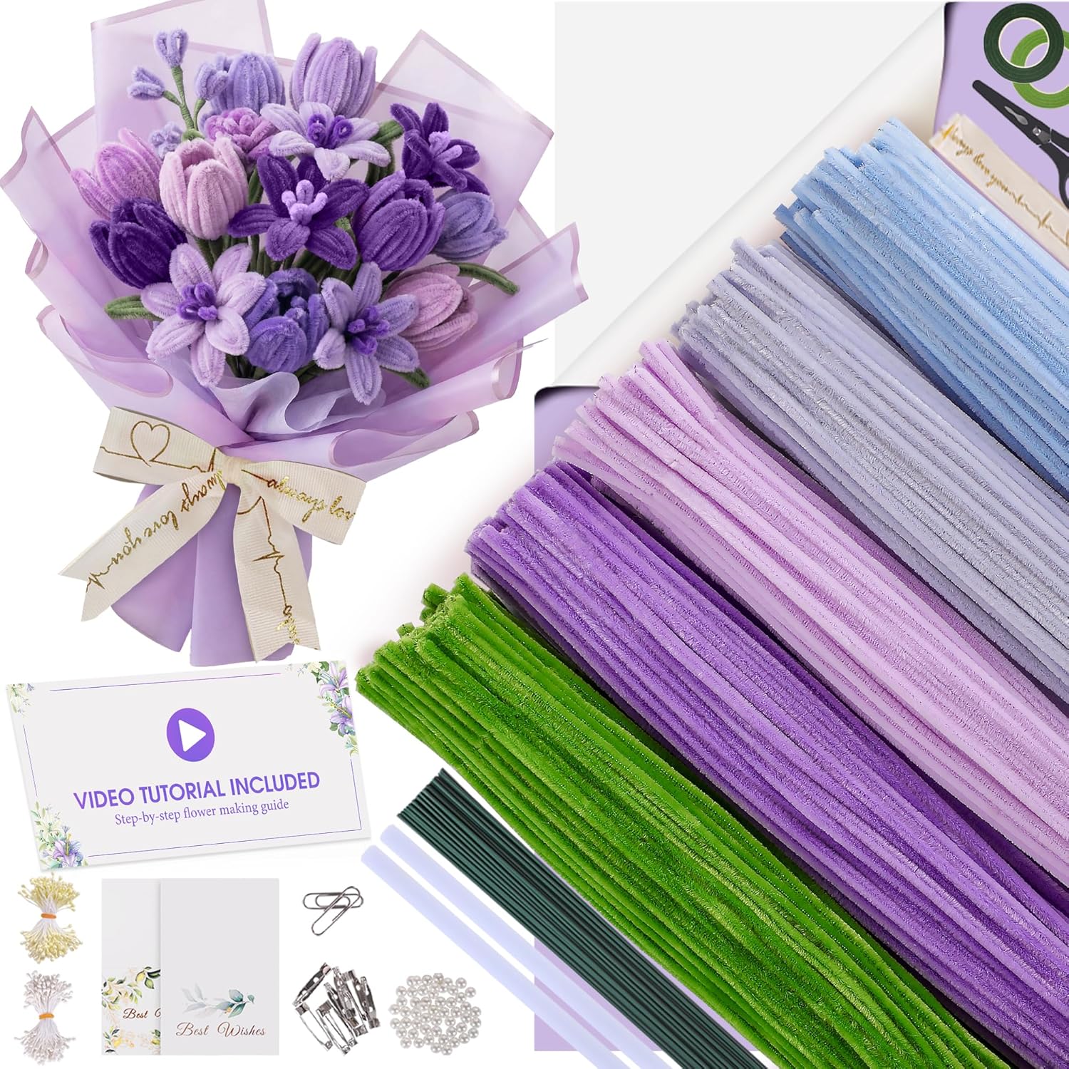 500 Pcs Pipe Cleaners Craft Kit for Flower Making, Complete DIY Bouquet Set with Tutoria, Chenille Stems, Craft Wire, Ribbon & More, Perfect for Arts Decor, Mother's Day Handmade Gifts