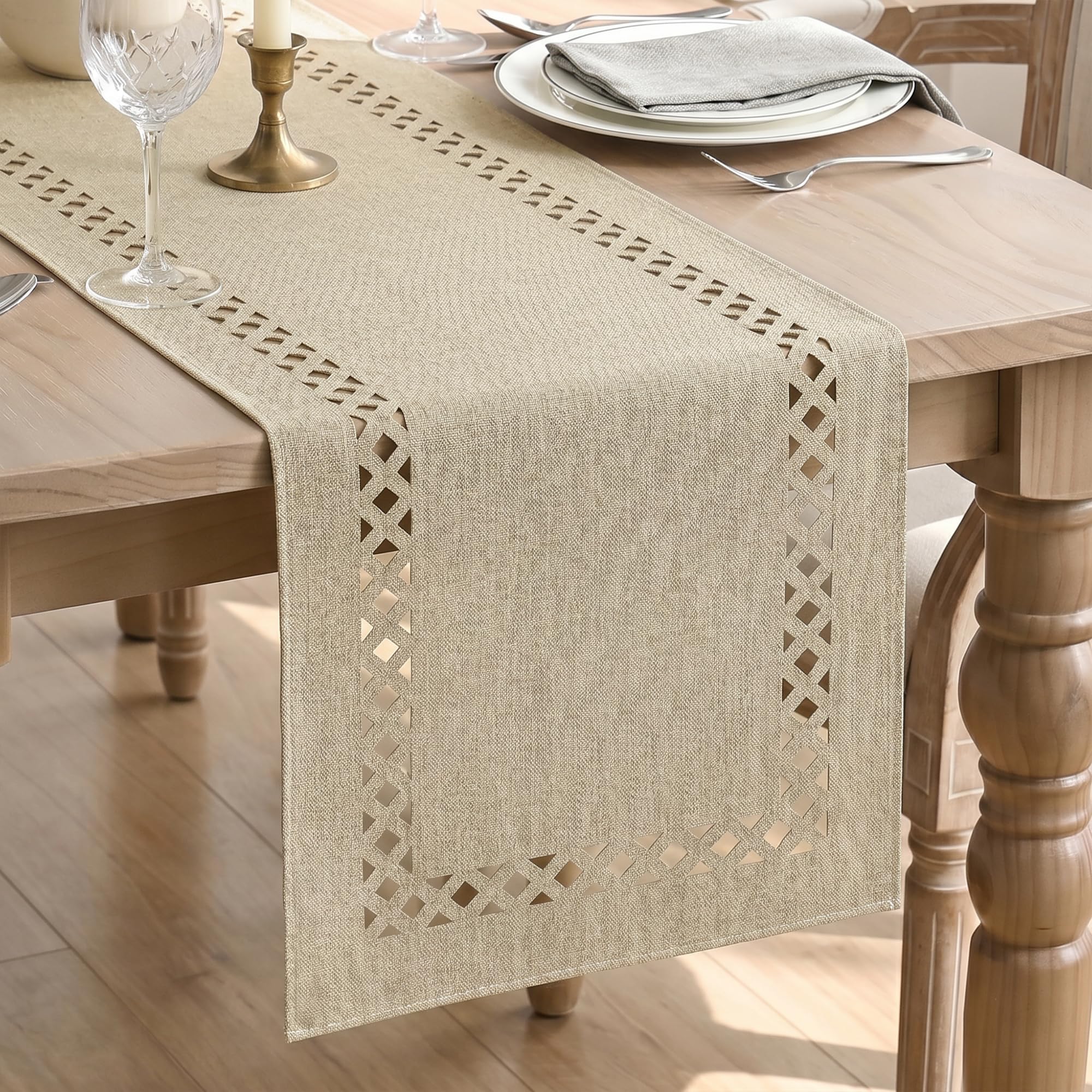 Artoid Mode Brown Geometric Hollow Linen Table Runner 40x240cm