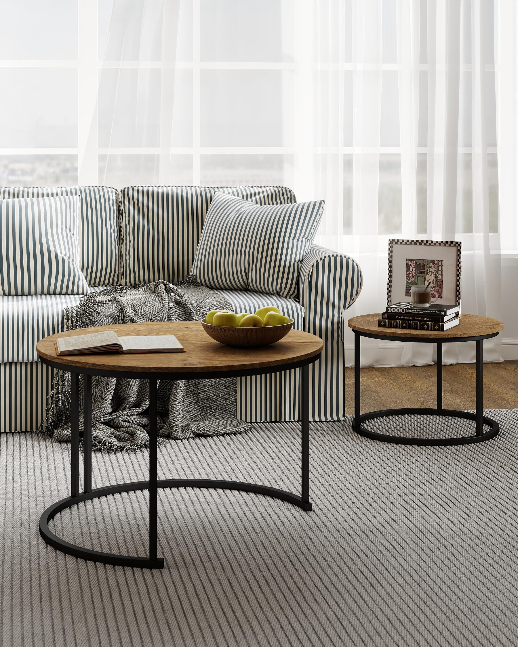 Tavolino Rotondo da Salotto, Tavolino da Salotto Legno Moderno, Tavolo Salvaspazio con cornice nera, Coffee Table 2 pezzi