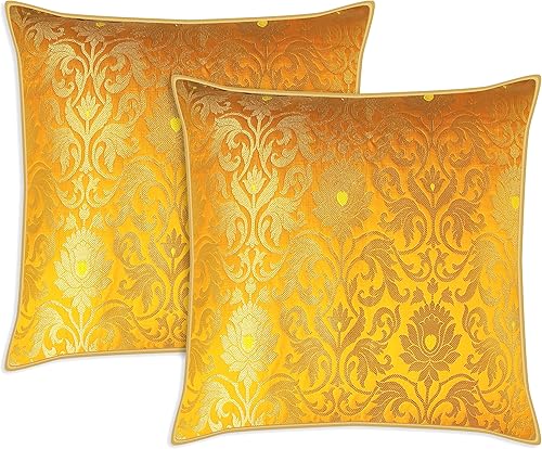 AVKA Studio Craftbot - Juego de 2 fundas de almohada decorativas de seda sintética brocado floral, 20 x 20 pulgadas, funda de jacquard indio, solo