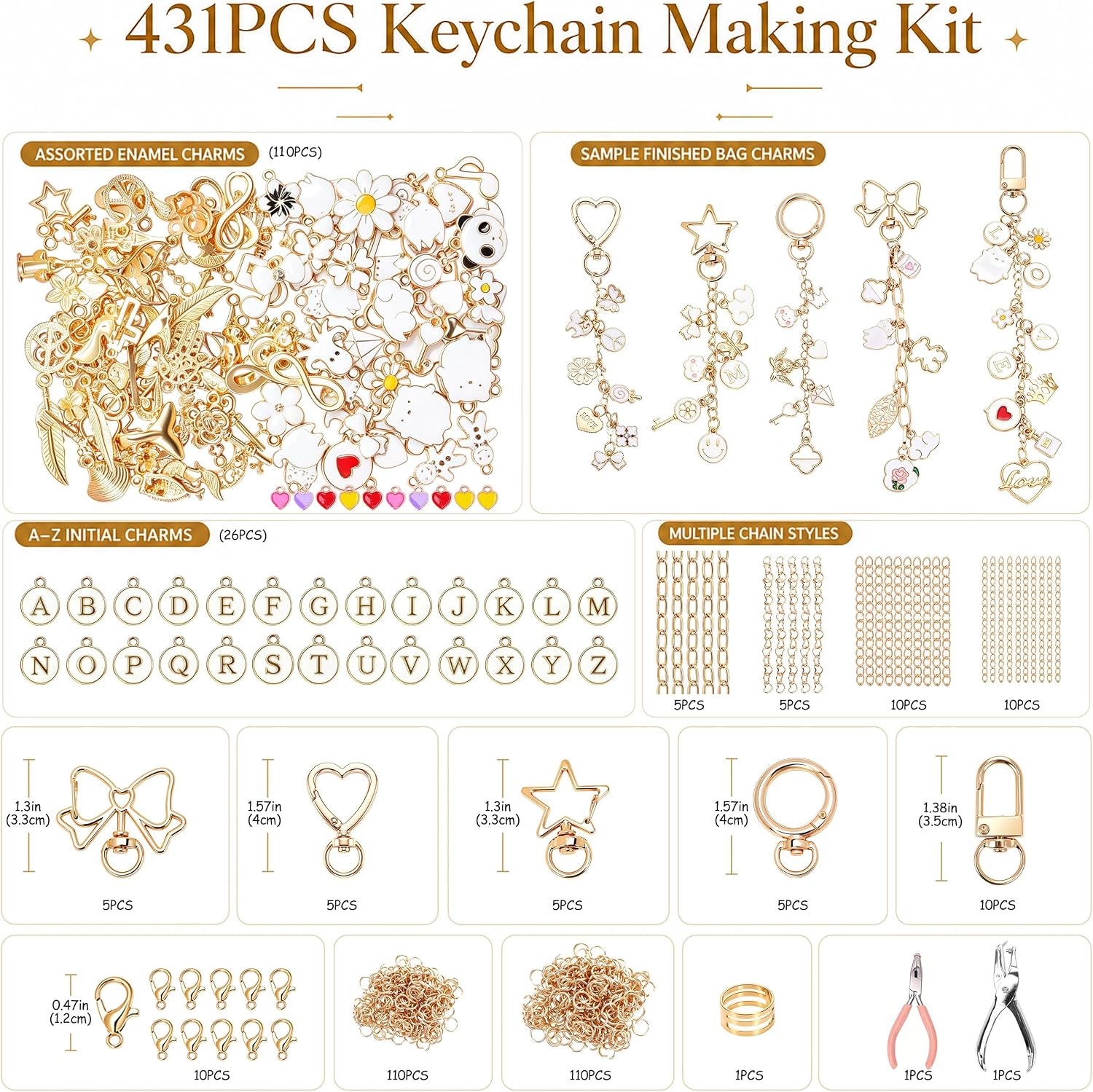 431PCS Lip Gloss Keychain Making Kit, Aesthetic DIY Bag Charm Kit with 136 Charms, Chains & Jewelry Tools, Make Bag & Purse Charms, Party Favors & Gifts, Small Business Supplies (431PCS GOLD-WHITE)