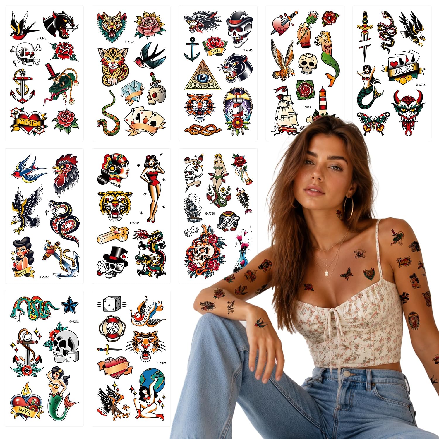 76 Pcs American Traditional Temporary Tattoos - Fun Party Decor