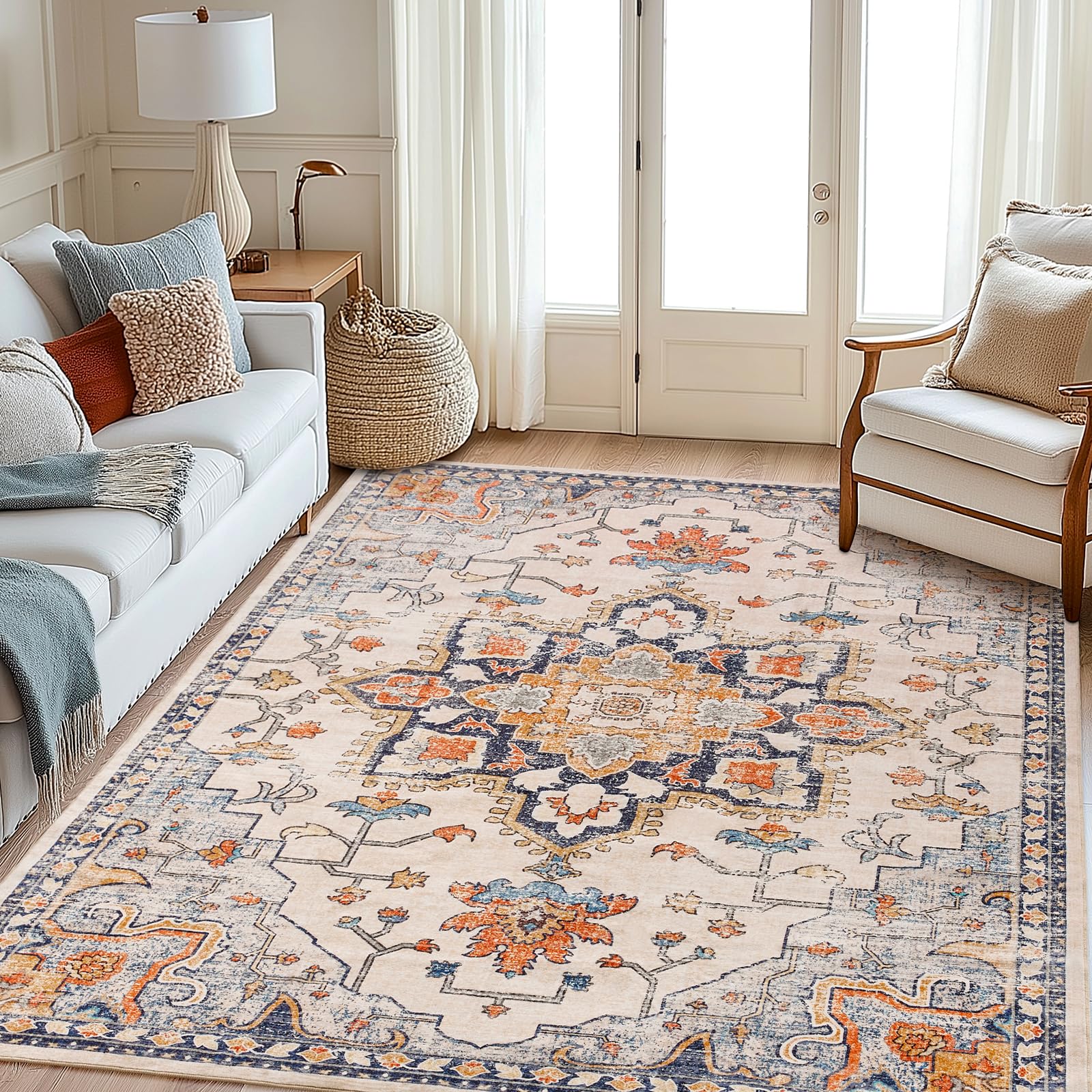 area rugs 8x10, soft boho vintage rugs for living room, non slip low pile machine washable carpet for bedroom kitchen dining room home decor, beige