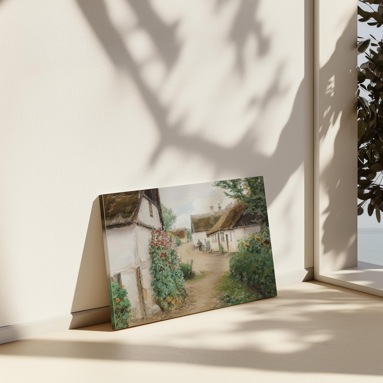 Poster Master Vintage Flower Canvas - Summer Day in a Village with Sunflowers and Red Hollyhocks Print - Floral Art - Gift for Men & Women - Decor for Bedroom or Dorm - 8x10 STRETCHED Canvas