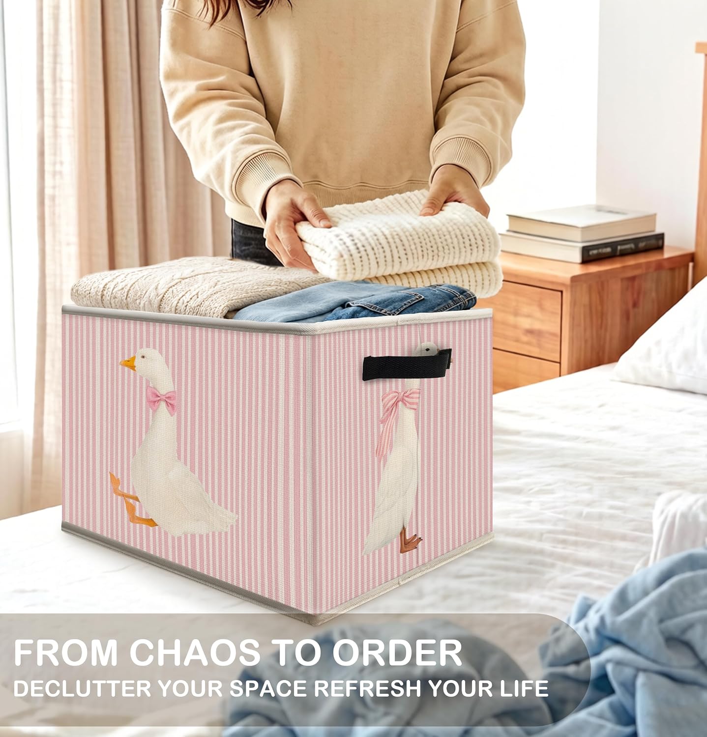 Coquette Pink Bow Goose Storage Bin, Preppy Goose Collapsible Storage Baskets for Girls Nursery Decor,Pink and White Striped Farm Animal Foldable Basket Box with Handle for Home Bedroom Office