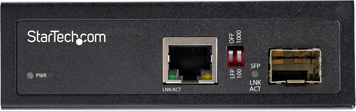StarTech.com Industrial Fiber to Ethernet Media Converter - 10/100/1000 Mbps SFP to RJ45/Cat6 - Singlemode/Multimode Optical Fiber to Copper Gigabit Network - 12-56V DC - IP-30/ -40 to +75C, TAA