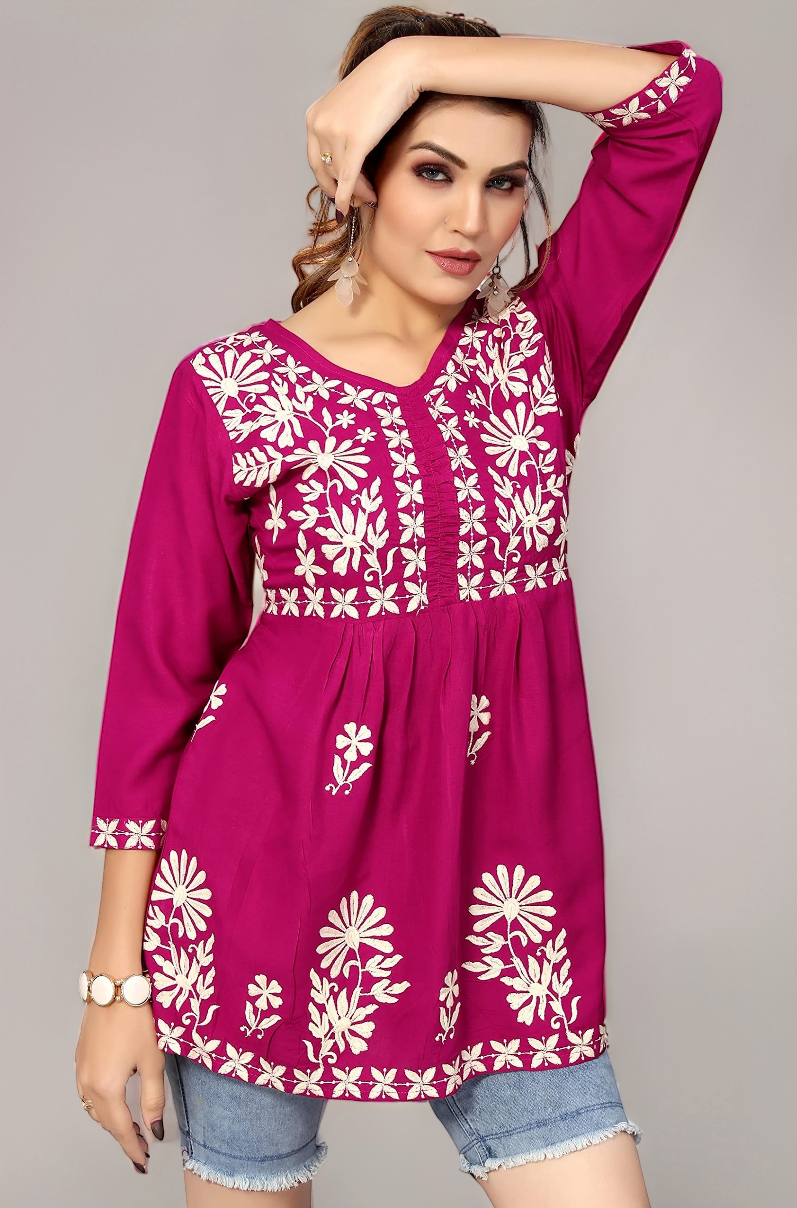 Bee M Pee Designer Short Kurti Tops for Jeans for Women I Chikankari Rayon Cotton Long Kurta Kurti for Women I Stylish wear Kurti top for Girls