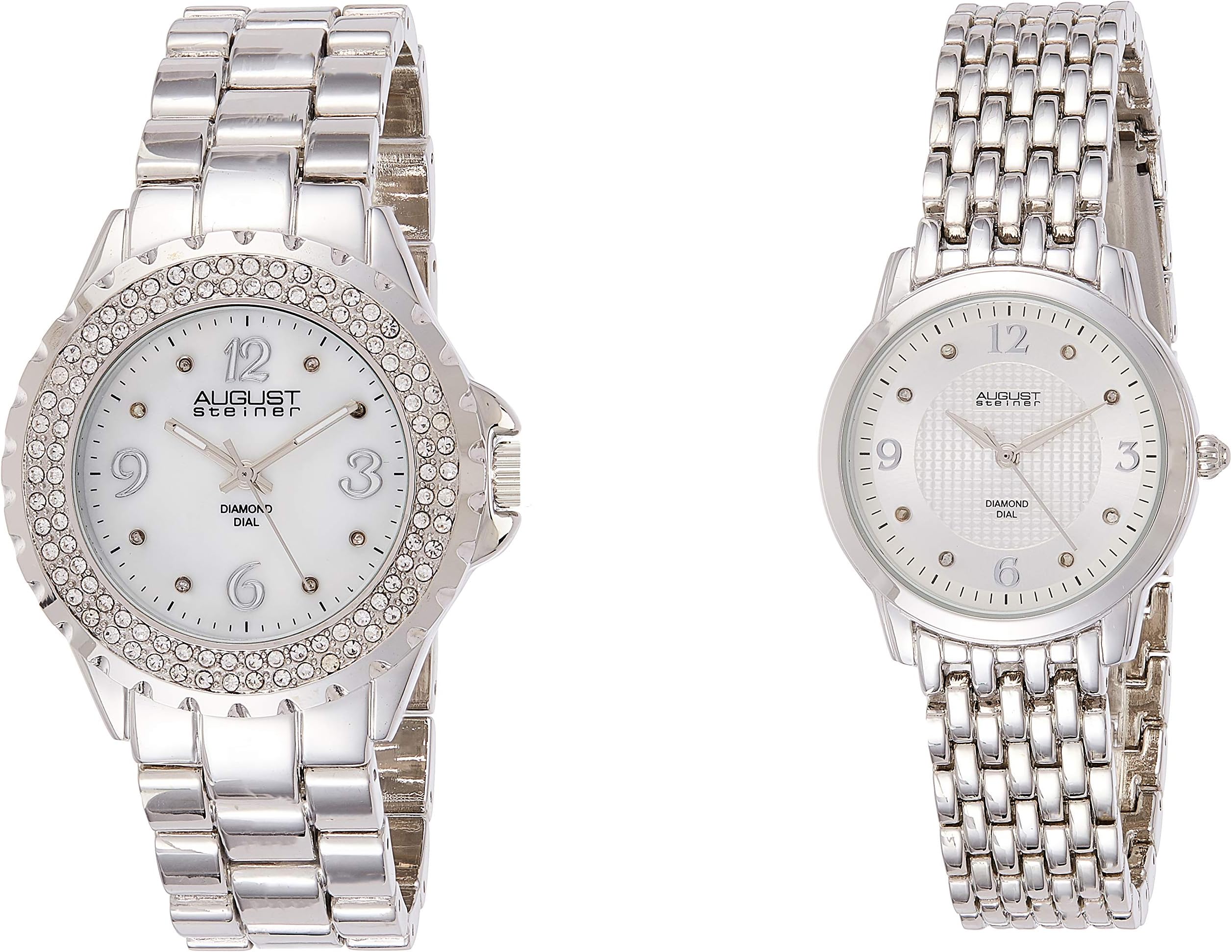 August Steiner Women's Silver Tone Watch Set - Textured and white Mother of Pearl Diamond Dial with Crystal Bezel and Big Number Hour Markers - AS8171