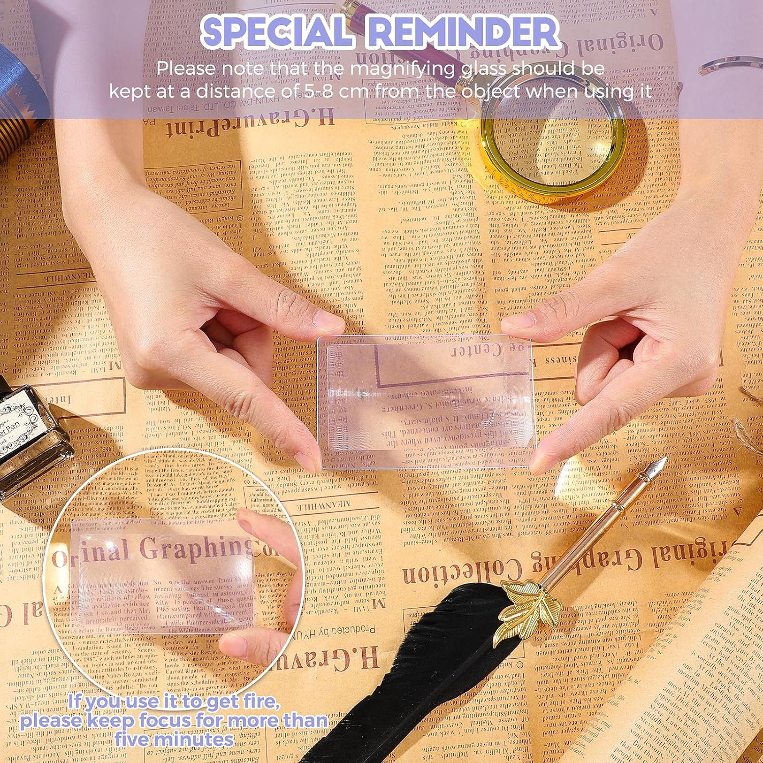 Person using the magnifier to read small text on a document.