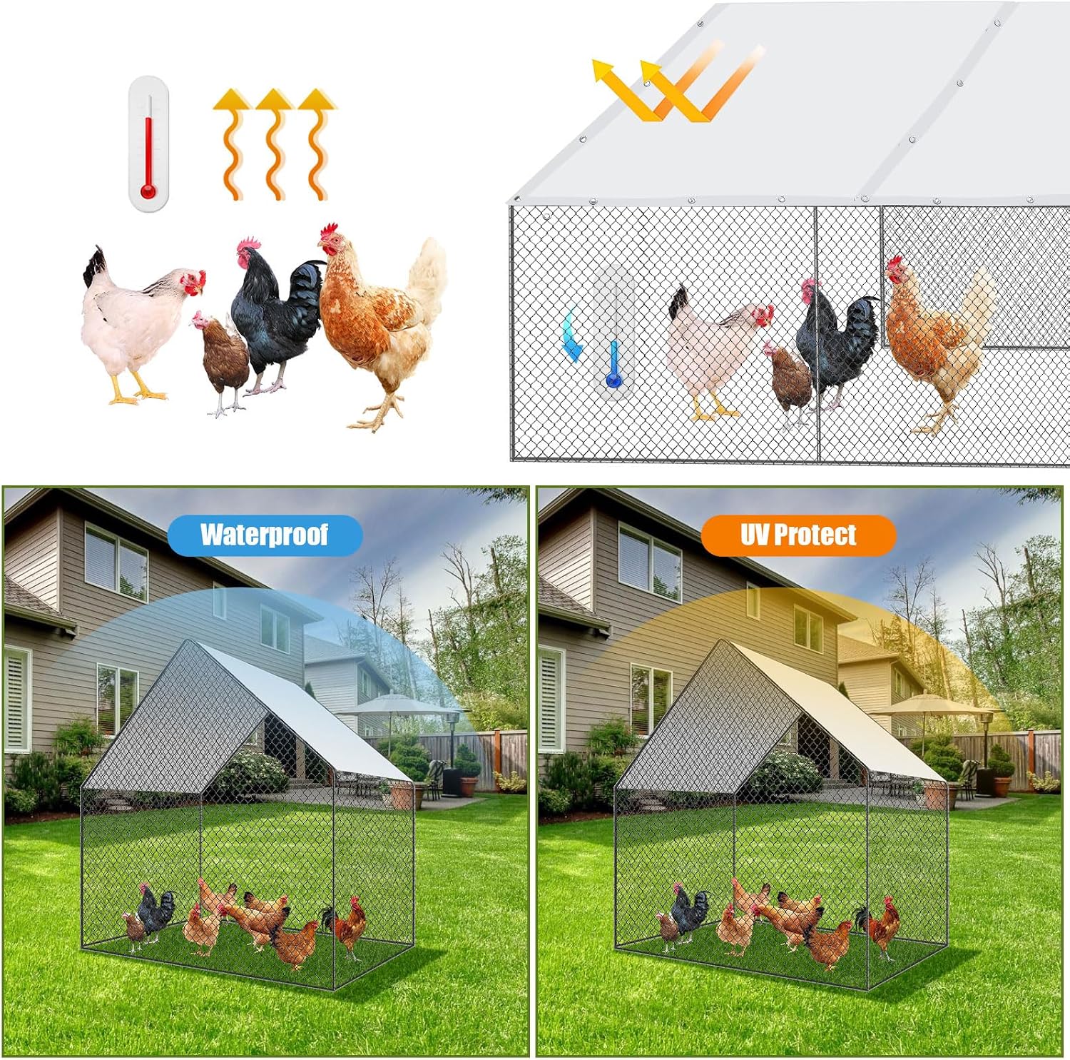 VitalCozy 1 Set Chicken Coop Cover Waterproof 14.5 x 6.6 ft Chicken Cover Coop Tarp with 25 Pcs Ball Bungees Cords, Accessories for Walk-in Run Pen, Outdoor, Yard image 5