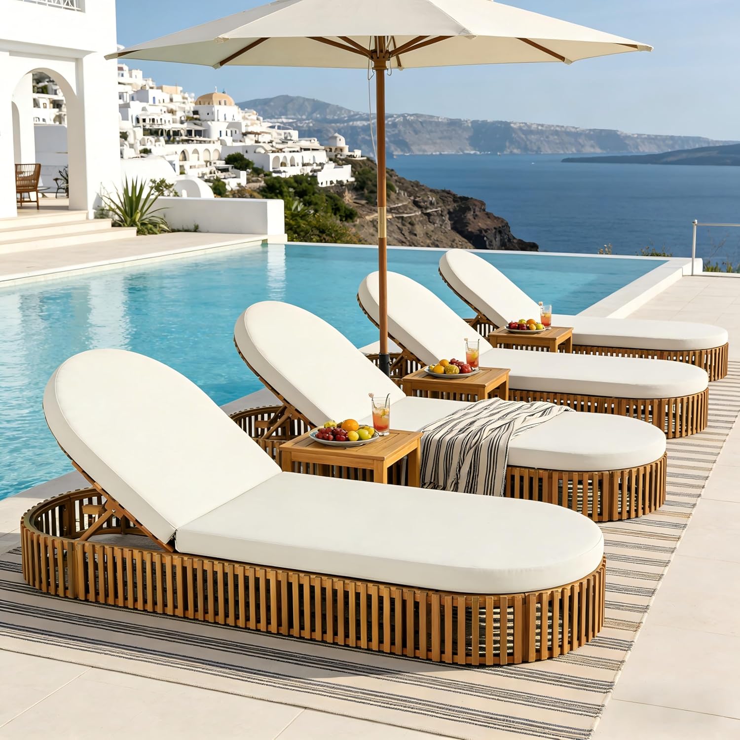 Outdoor Acacia Wood Chaise Lounge with Cream Curve Cushion - Teak Finish, 300lbs Capacity, 80.8" L, for Patio, Poolside, Garden (Curve Style)