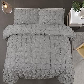 Belle Home Grey single duvet cover set Pintuck Pinch Pleat Soft Quad Diamond design bedding & linen bed set with pillow cases