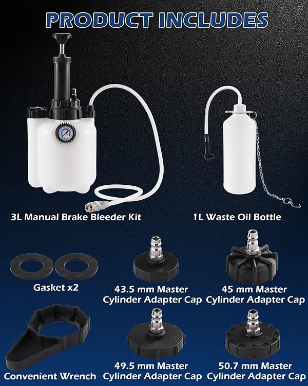 FAITIO 3L Brake Fluid Bleeder Kit w/ 1L Catch Bottle, Pressure Brake Bleeding Tool, Manual Power Bleeder Pump for Flush Brakes and Clutch System, Upgraded Adapters (43.5/45/49.5/50.7mm), White by FAITIO - Image 9