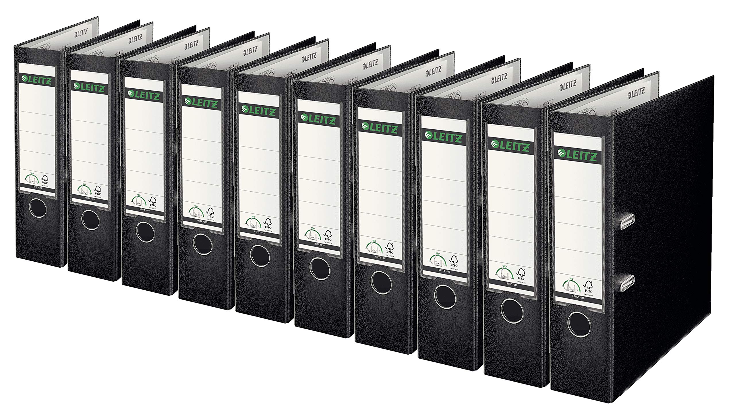 Leitz 1010 Qualitäts-Ordner Plastik breit, mit patentierter 180 Präzisionsmechanik (schwarz, 10er Sparpack | 8cm Breit)