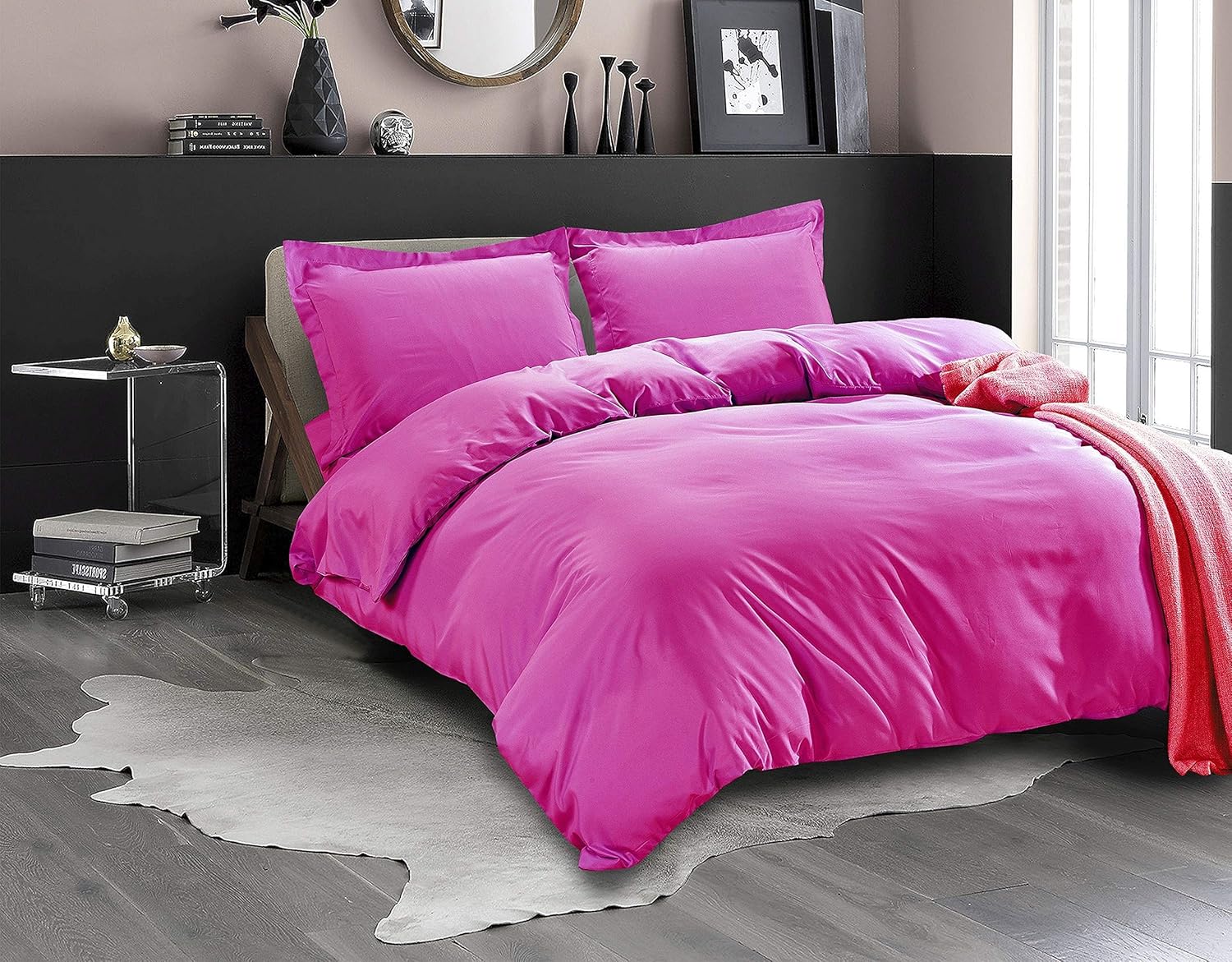 100% Cotton 600 Thread Count Duvet Cover, 1 Piece Duvet Cover with Zipper Closure & Corner Ties, Comforter Cover (King/California King Size, Hot Pink)