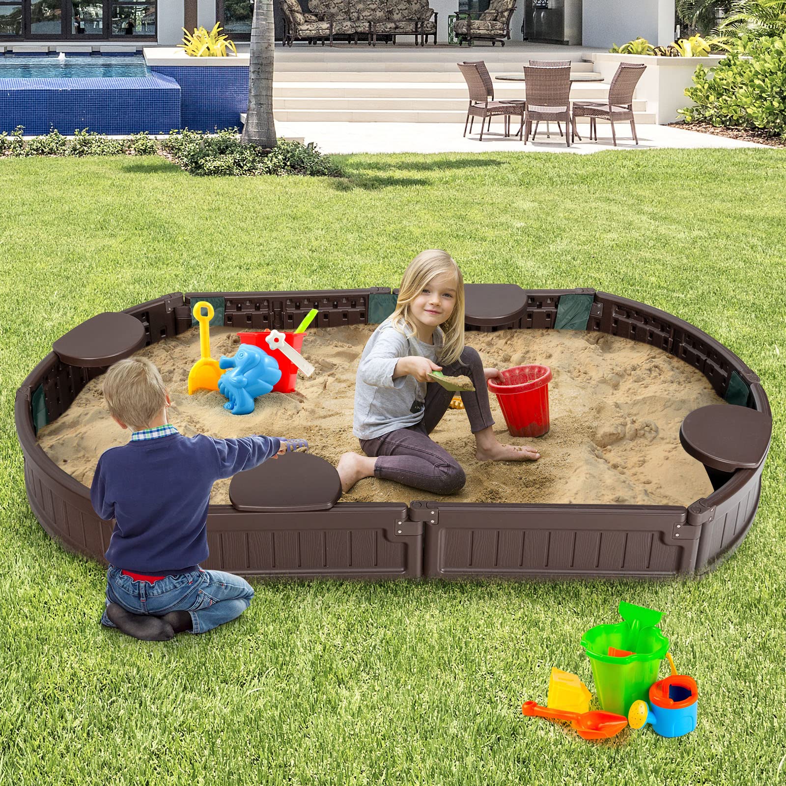 DREAMADE Bac à Sable pour Enfants avec Couverture, Bâche de Sol et Sièges - pour Le Jardin Outdoor (Ovale)