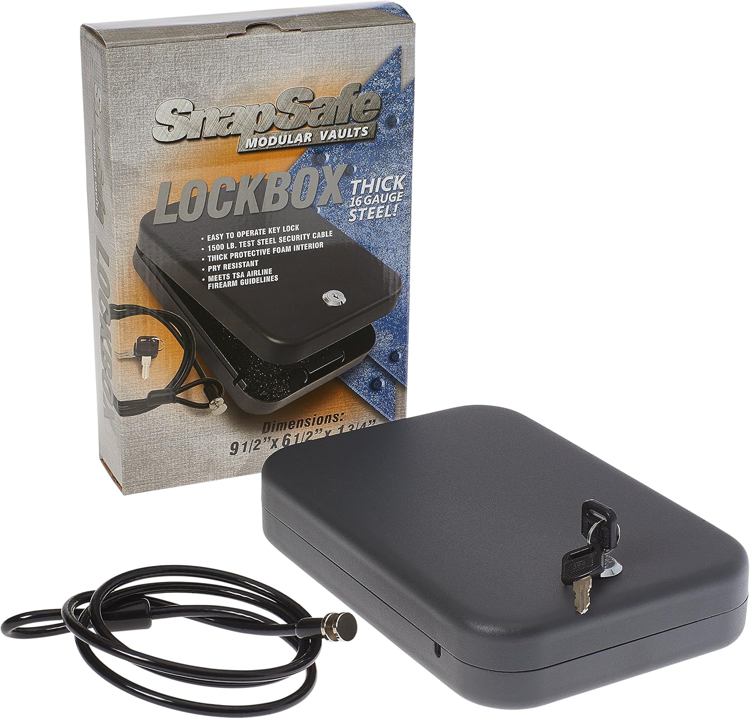 SnapSafe Portable Lock Box for Guns and Valuables – Includes Lock Box, 2 Keys and Patented Security Cable – an Ideal Car Gun Safe – Large, Black, 9.5 x 6.5 x 1.75 Inches