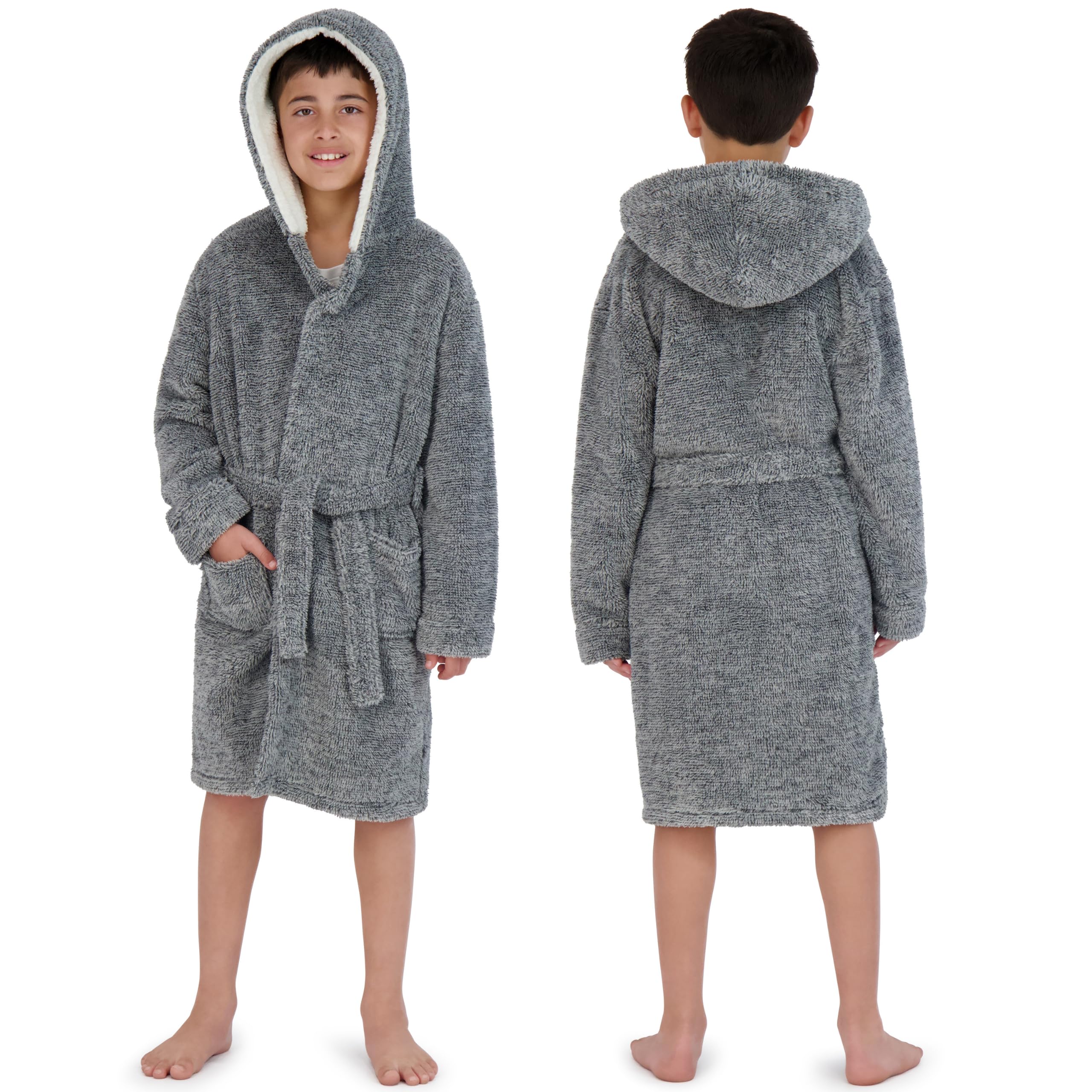 Hooded Plush Robe For Boys- Fluffy Winter PJ Robe With Pockets, Hoodie & Belt- Boys And Teens’ Ultra-Soft Bathrobe