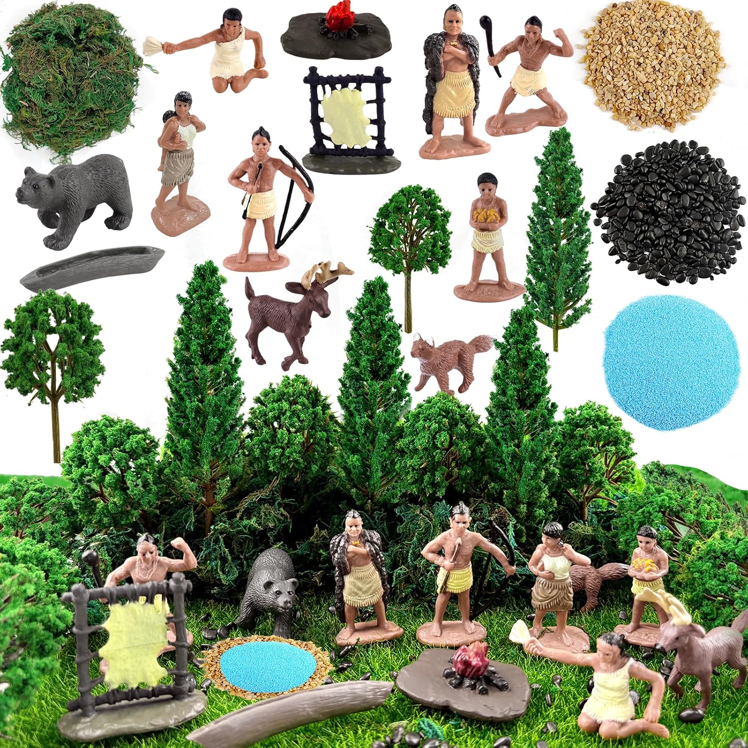Native American Figurines Set Miniture Indian Figure Toys Indian Figurines for Kids Powhatan Indians Figures Playset Includes Camp Fire Deer Bear Fox Trees for Birthday Diorama School Projects 32 Pcs