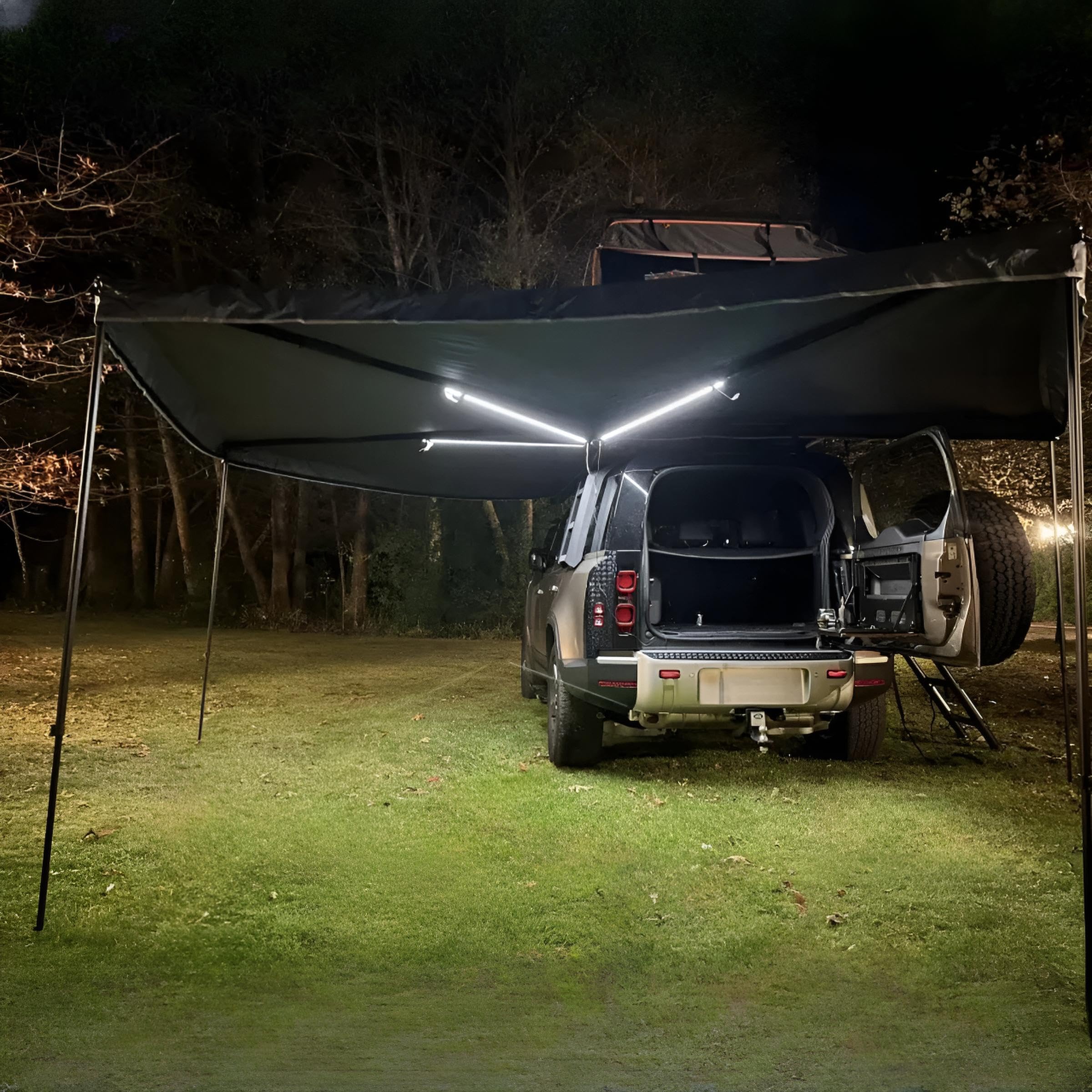 Markisenvorzelt 270° Autodachmarkise Auto Markise, Vordach, Dachzelt Schwarz/Grau LED (200x200cm für die Beifahrerseite)