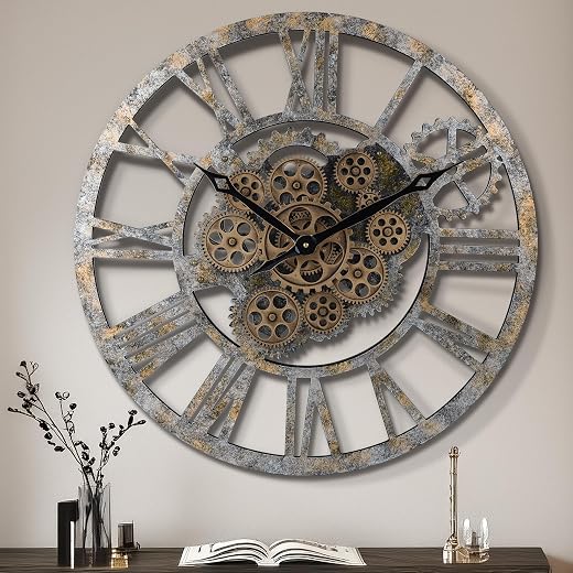 Lafocuse 23 Inch Real Moving Gear Wall Clock, Steampunk Wall Clock Gears Rustic, Farmhouse Wooden