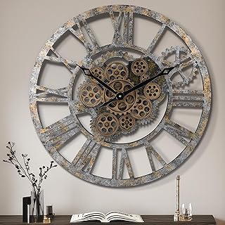 Lafocuse 23 Inch Wooden Real Moving Gears Wall Clock Distressed Bronze,Horloge Murale Large Oversized Farmhouse Rustic Vin...