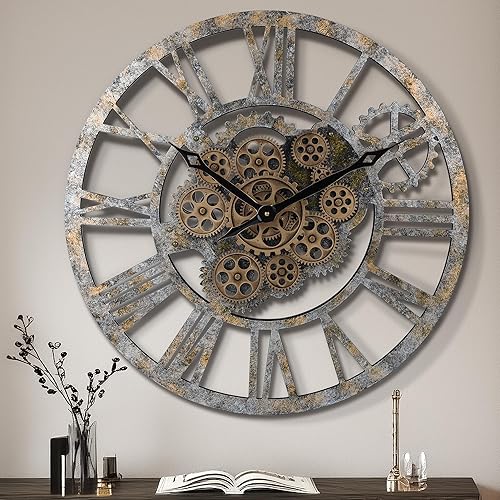 Lafocuse Horloge Murale Geante avec Engrenages Mobiles, Marron Industrielle Bois,