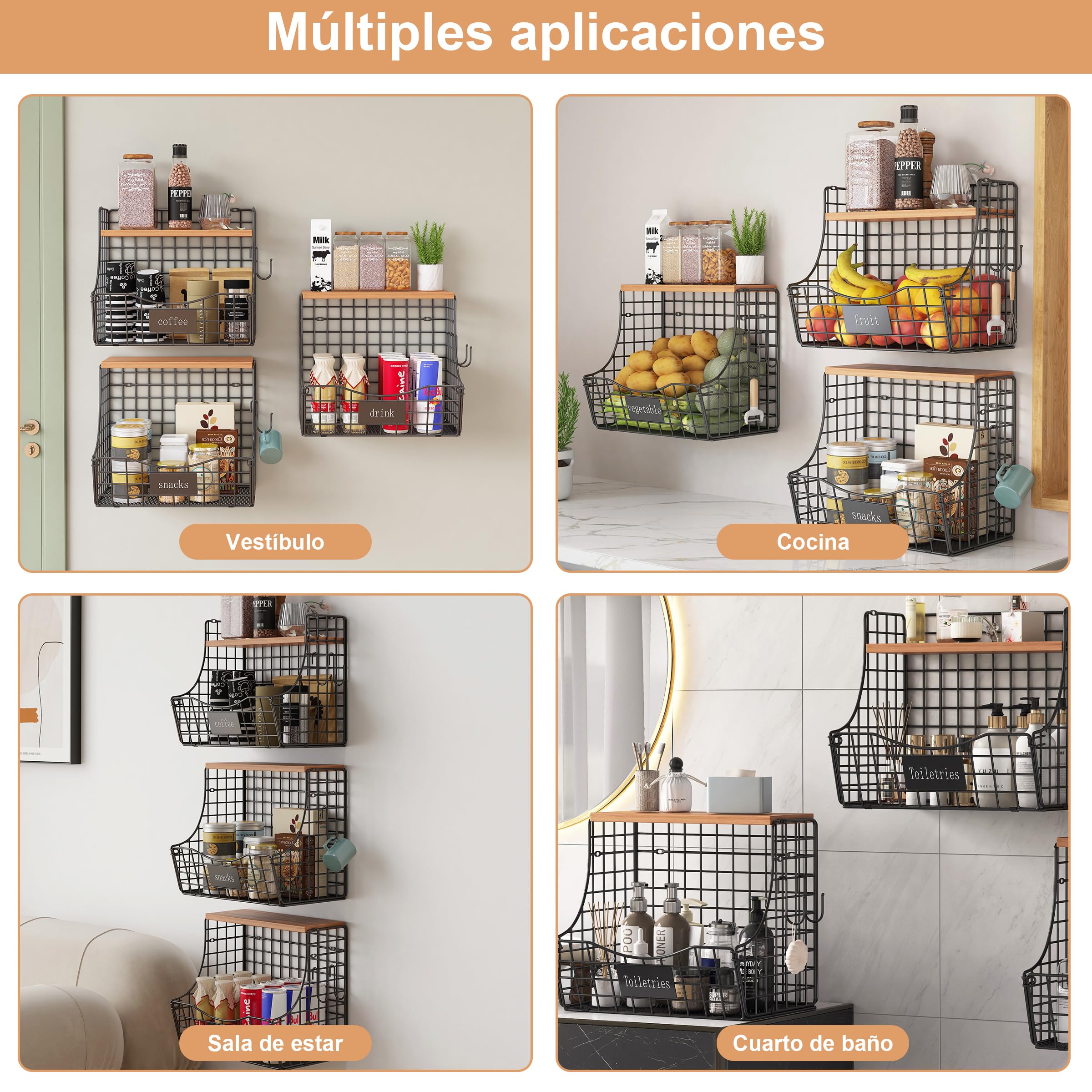 UMDONX 3 Piezas Fruteros de Cocina Metálica Cesta de Fruta de Pared Organizador de Frutas y Verduras con Tapa(Negro,29x19x27cm)