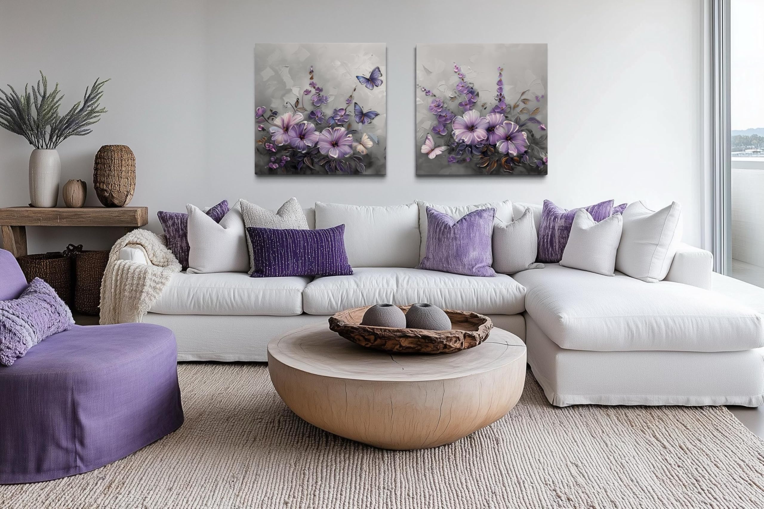 lianyibo Fioletowy kwiatowy motyl sztuka ścienna zestaw 2 sztuk, dwa panele lawendowy kwiat wydruki na płótnie z motylami, dekoracja domu (55 x 55 cm x 2/rama wewnętrzna)