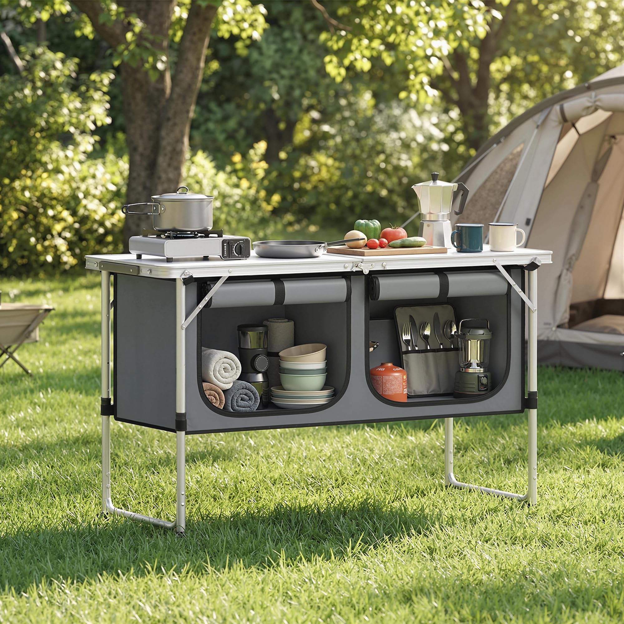 Outsunny Mesa de Cocina de Camping Plegable, Mueble de Cocina de Camping Portátil con Armario de Tela Oxford, Marco de Aluminio, para Picnic, BBQ y Actividades al Aire Libre, 120x47x70 cm, Plateado