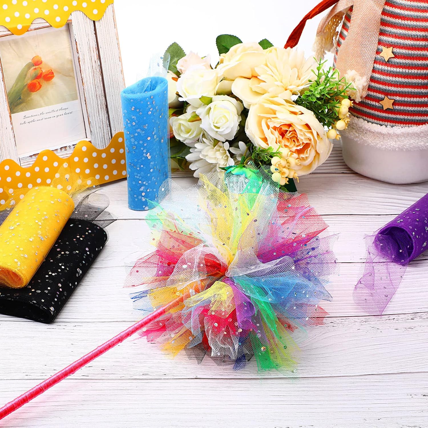 Chumia 12 Pcs Rainbow Glitter Tulle Rolls 6 Inch by 10 Yards 30 Feet Glitter Tulle Roll Fabric with Shiny Sequin Craft Fabric for Table Chair Bow Pet Tutu Skirt Sewing Wedding Birthday(Classic Color)