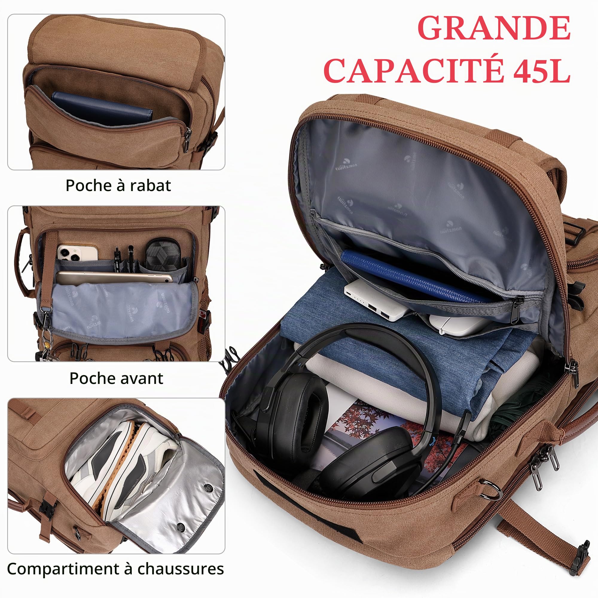 WITZMAN Sac à Dos de Voyage Homme Toile Vintage 40L Convertible 3-en-1 USB