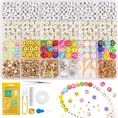 Miniatura 1 de YUNAI Kit de cuentas de letras para hacer pulseras de amistad, 965 cuentas redondas del alfabeto con cuentas de estrella sonriente, juego de cuentas