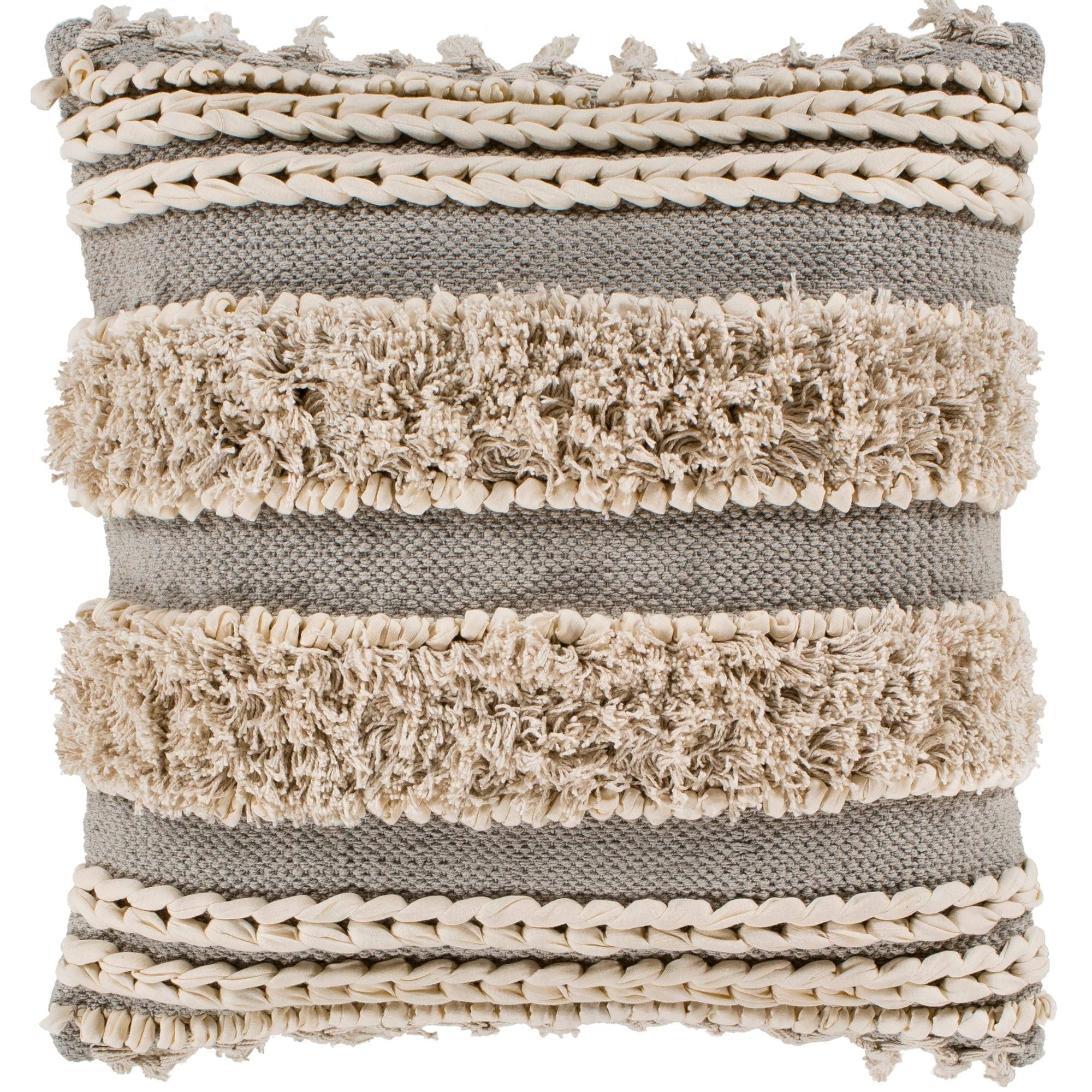 Taupe Bohemian Braided Shag Throw Pillow Cover (20" X 20") Beige Cream Stripe Eclectic Cotton One Removable
