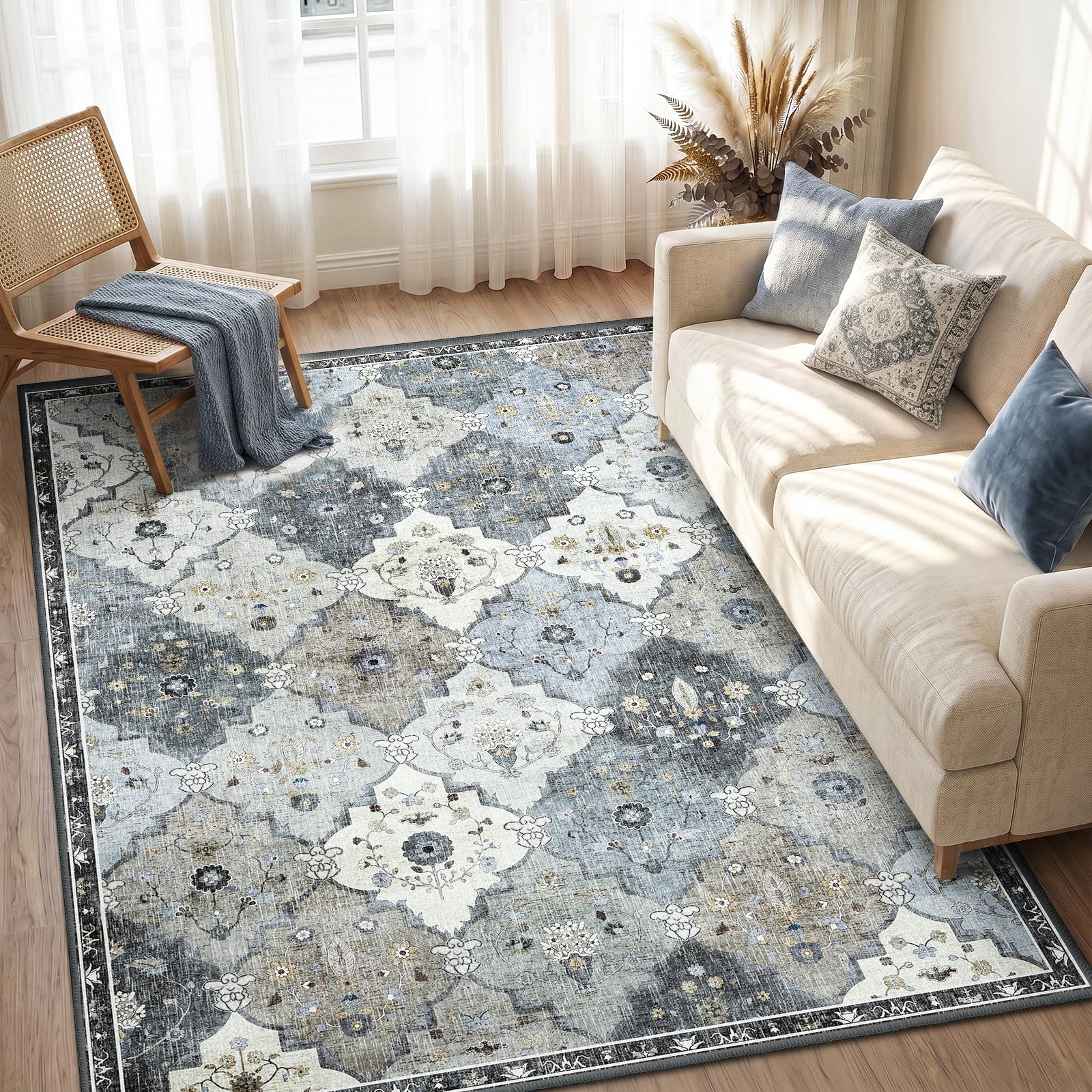 INOVADAY Boho Rugs Living Room 140x200 cm Vintage Washable Rug Grey/Brown