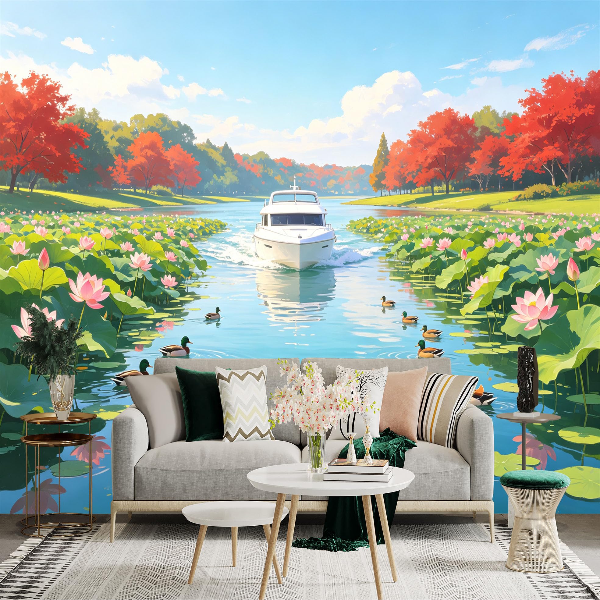 Custom Size Wall Sticker Mural， Luxury Yacht on River， Blooming Pink Lotus Flowers， Swimming Mallard Ducks， Autumn Foliage Landscape， for wall Decoration， peelandstick wall Decals.