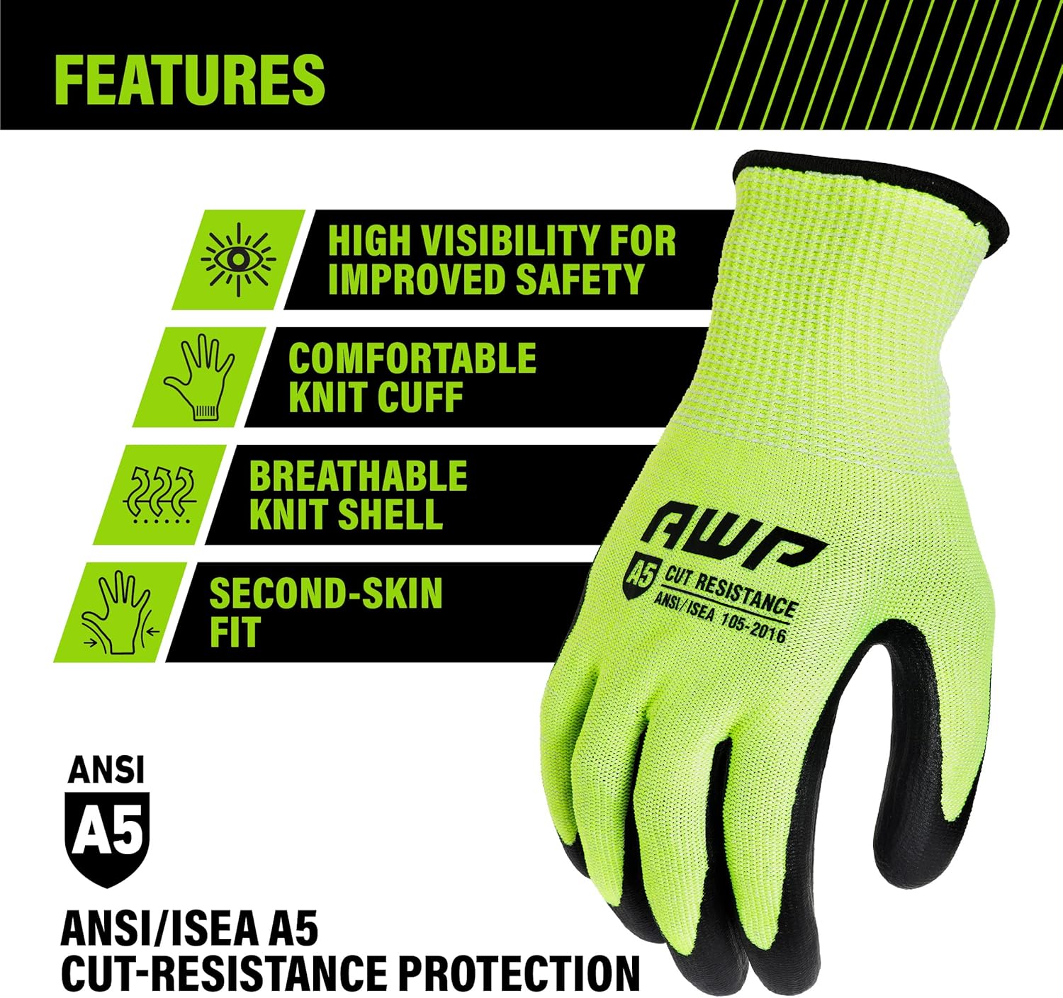 AWP High Visibility ANSI A5 Cut Resistant Coated Work Gloves for Men and Women, Large