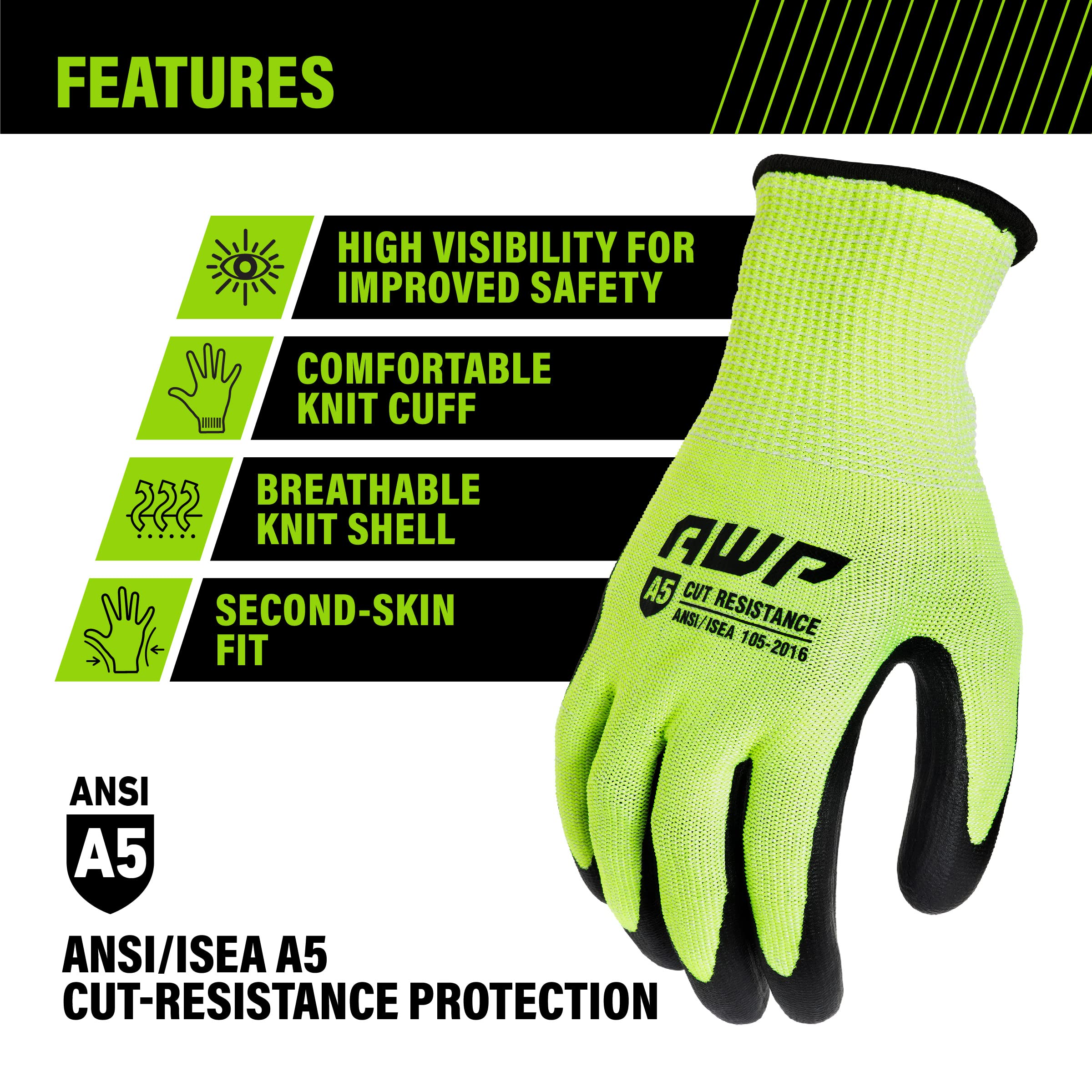 AWP Guantes de trabajo con revestimiento resistente a cortes ANSI A5 de alta visibilidad para hombres y mujeres, talla L